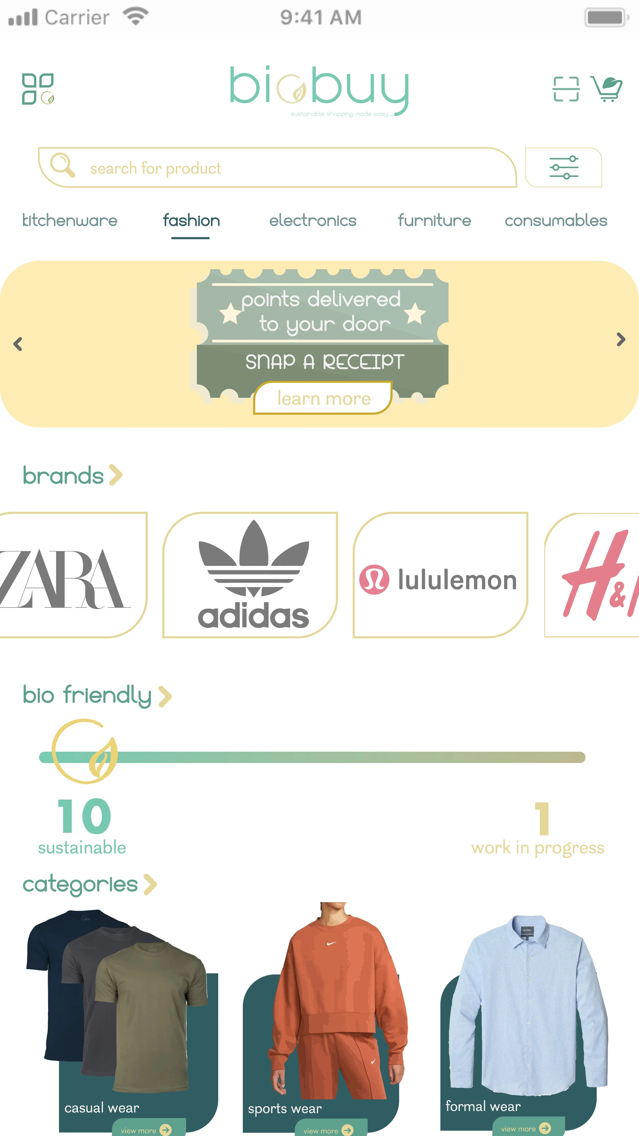 Users have the option to shop by category, brand, or sustainability rating, allowing them to choose how they want to browse.