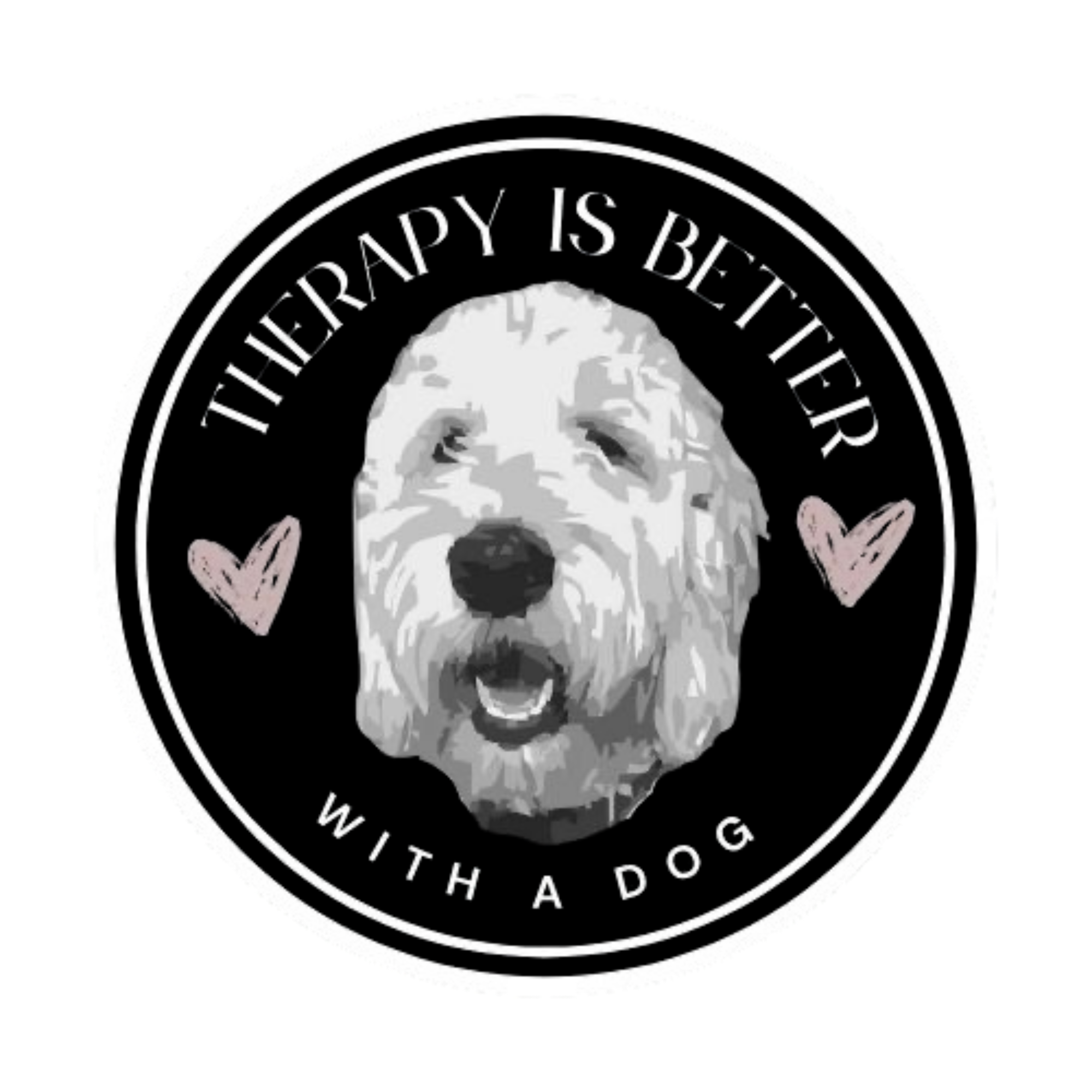 Black and white logo featuring a Goldendoodle therapy dog's face smiling with an open mouth, surrounded by a circular border with text that reads 'Therapy is Better With A Dog'.