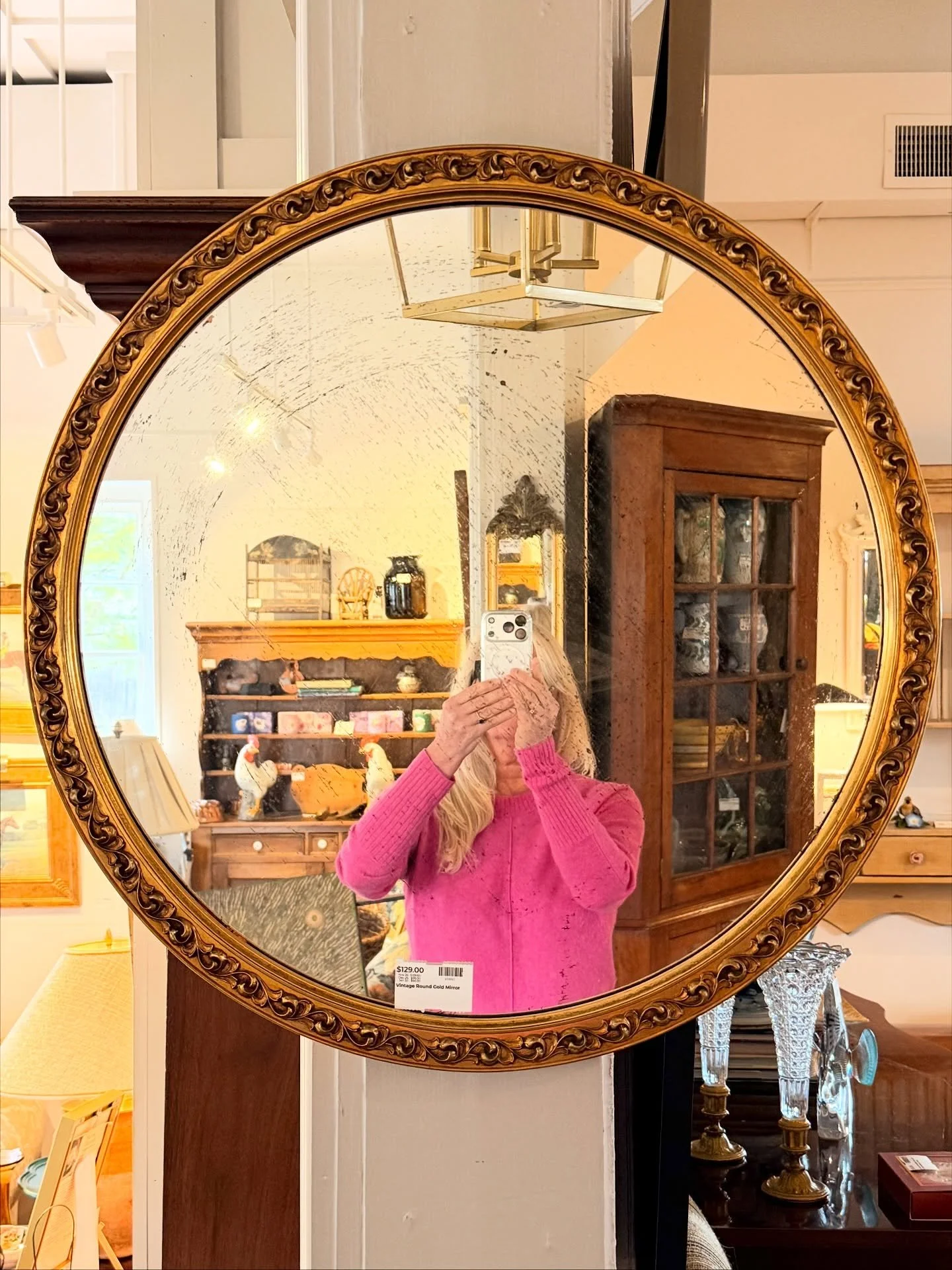 A pretty round vintage gold frame mirror. Nice scroll work and the worn silver backing creates a lovely antique feel.
26.25&rdquo; round
$129

Call 215-798-6970 or stop in to purchase.
All sales are final.
#finehomeconsignments #vintagemirror #giltmi