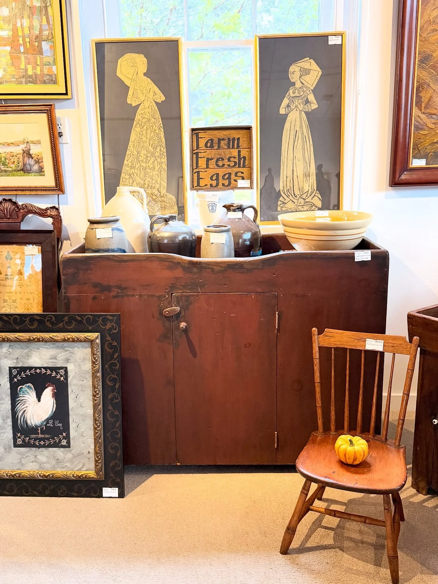 A country vignette.
Fantastic large dry sink-yellow ware bowls-crocks-artwork-antique grave rubbings-stoneware-child windsor chair-samplers.

Call 215-798-6970 or stop in to see all the country pieces we have.
All sales are final.
#countryfurniture #