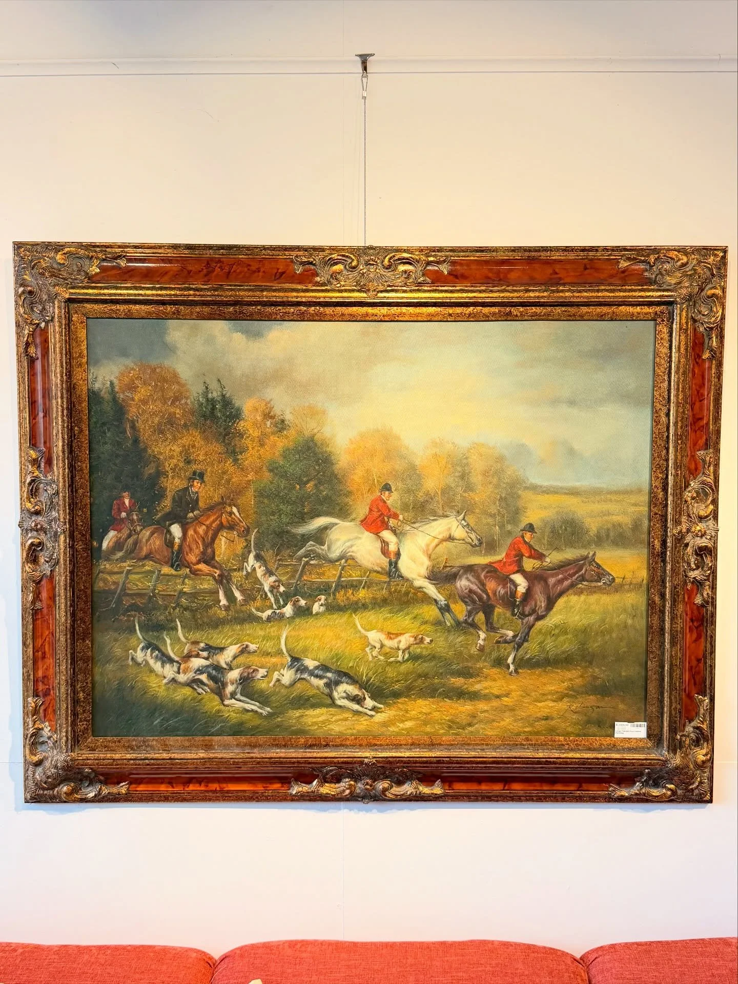 The feeling of Bucks County&hellip;
A beautiful hunt scene framed in a gorgeous wood and gilt frame.
I love all the action and colors in this beautiful work of art. Signed, Robinson lower right.
40&rdquo; x 50.5&rdquo; includes frame
$925.65

Call 21