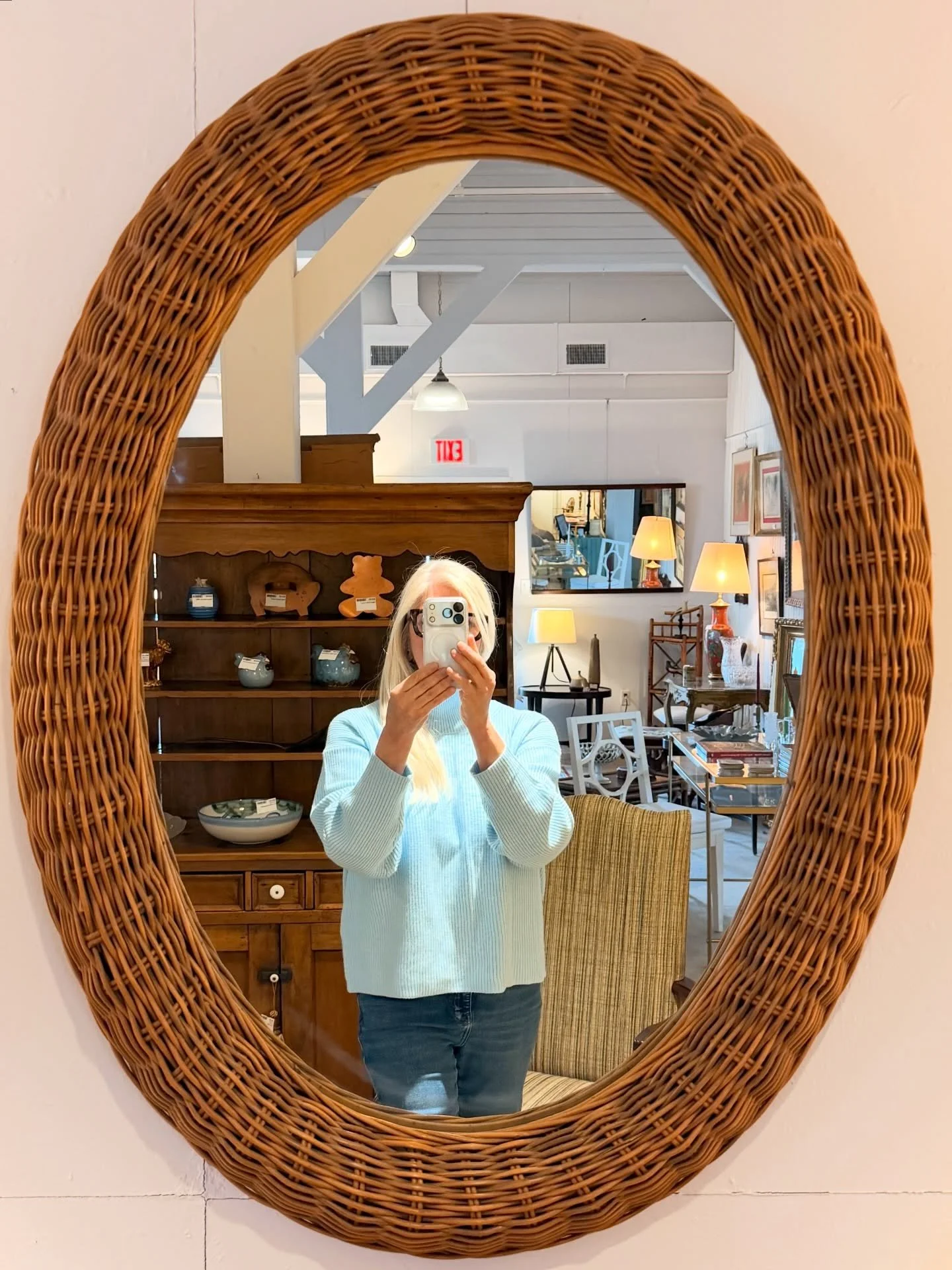 A beautiful large mid-century honey colored natural wicker mirror.
Classic and always in style!
Think Serena &amp; Lily at a fraction of the price and this is the real deal!
39&rdquo; high x 30&rdquo; wide x 3.5&rdquo; deep
$233.80

Call 215-798-6970