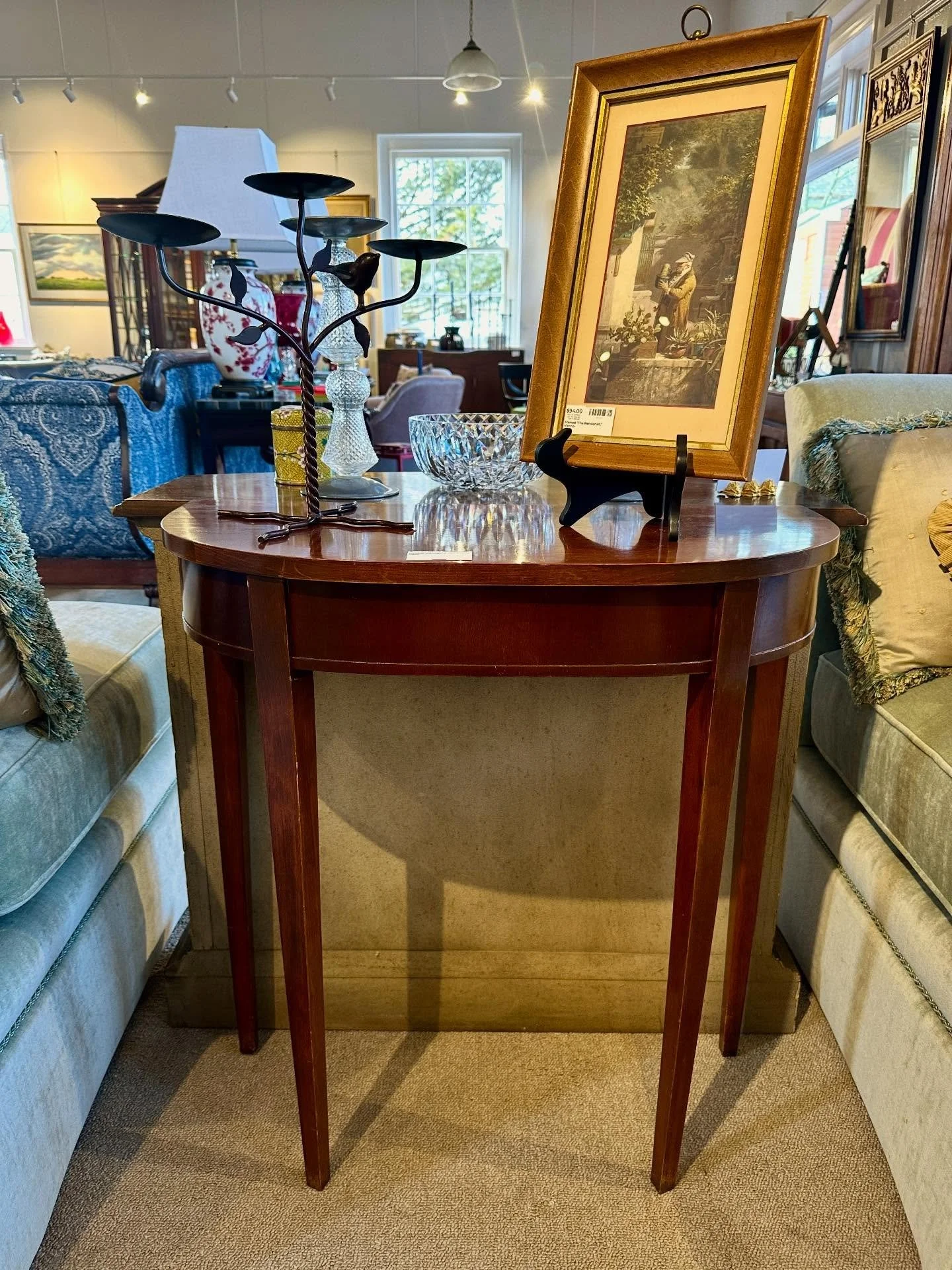 This vintage mahogany demi-lune table is perfect for a small space! 
$250.75
28&rdquo;W x 12&rdquo;D x 30&rdquo;H

Call 215-798-6970 or stop in to purchase
All sales are final
#curatedcollections #vintage #consignment #consignmentfurniture #shopbucks