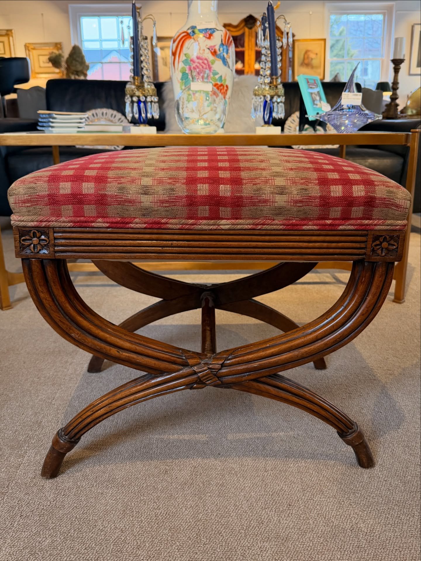 A handsome English Regency style mahogany upholstered stool. This has all the details! Wonderful carvings, classic upholstery with double welt.
18.5&rdquo; high x 20.5&rdquo; wide x 14.5&rdquo; deep
$185

Call 215-798-6970 or stop in to purchase. All