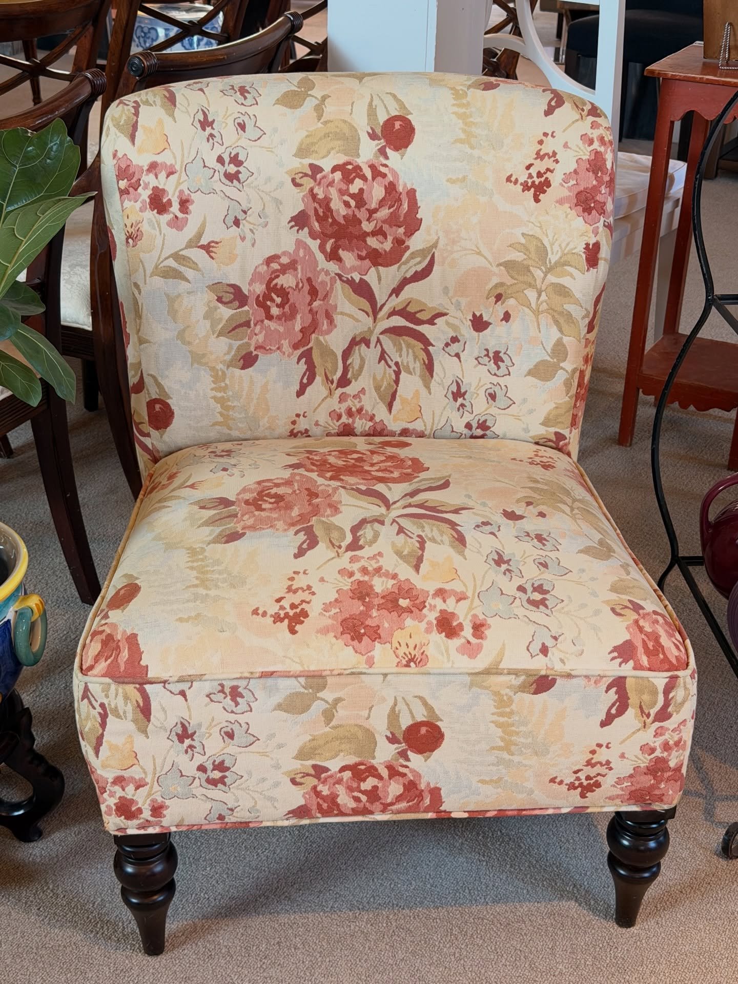 A pretty floral slipper chair on turned feet.
$130.90

Call 215-798-6970 or stop in to purchase. All sales are final.
#slipperchair #shabbychic #consignment #buckscounty #curatedcollections