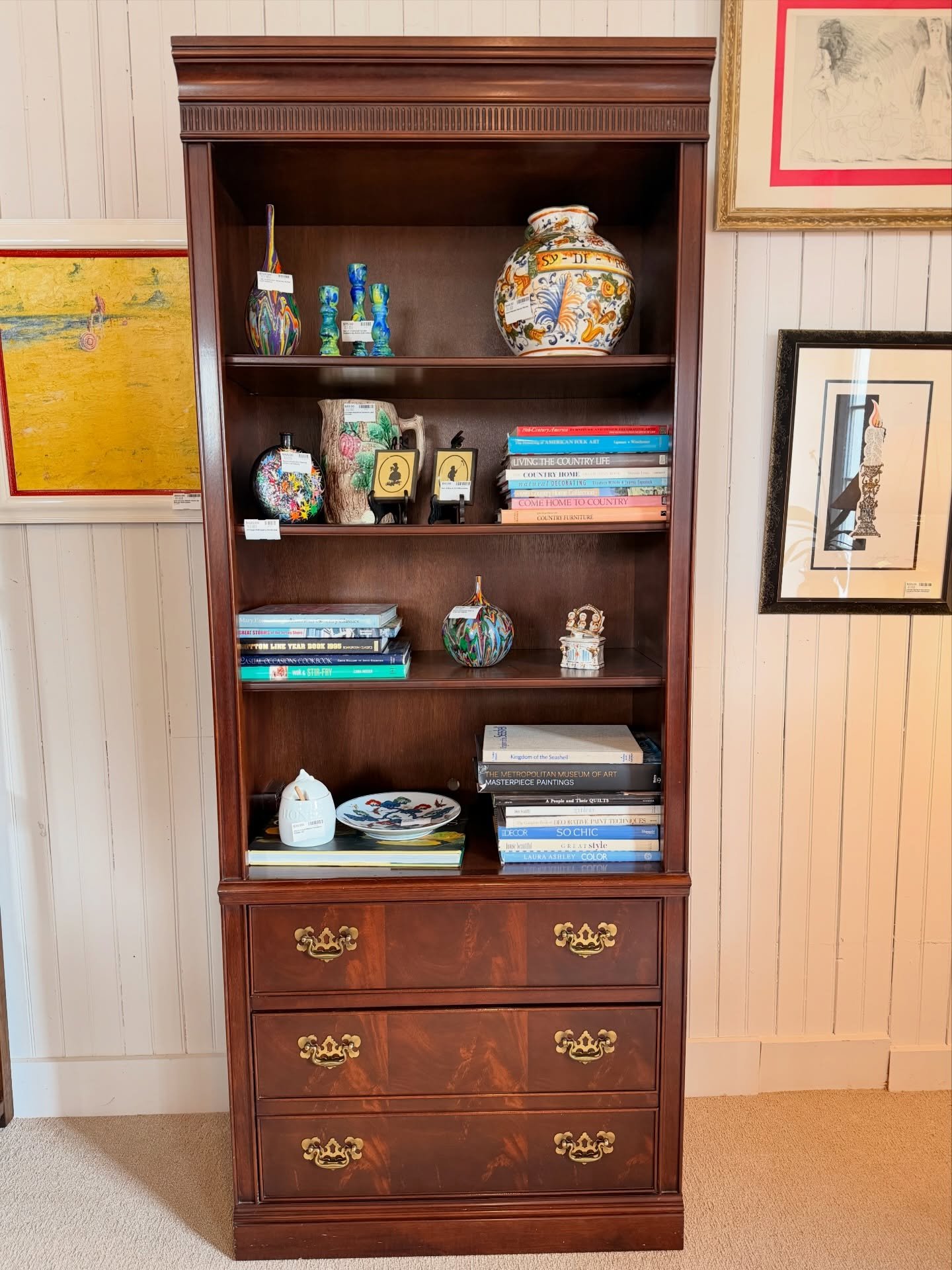 Classic traditional mahogany bookcase. 
This bookcase has adjustable shelving, one drawer above a filing cabinet. Great narrow size.
80&rdquo; H x 32&rdquo; W x 16.5&rdquo; D
$425

Call 215-798-6970 or stop in to purchase.
All sales are final.
#bookc