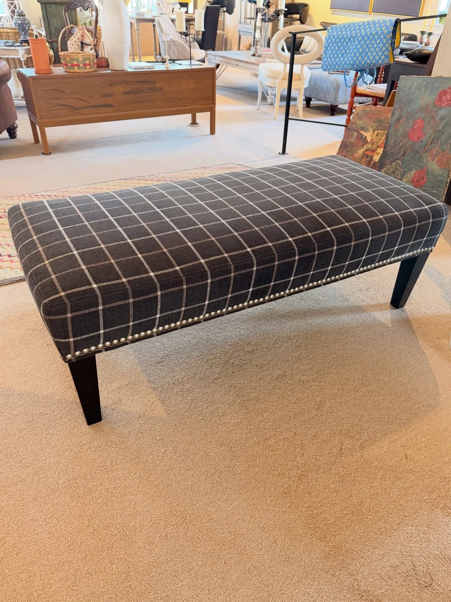 A handsome window pane upholstered bench with nailhead trim on tapered legs.
48&rdquo; W x 23&rdquo; D x 16&rdquo; H
$245

Call 215-798-6970 or stop in to purchase.
All sales are final.
#consignment #benchseat #furniture #buckscounty #newhopepa