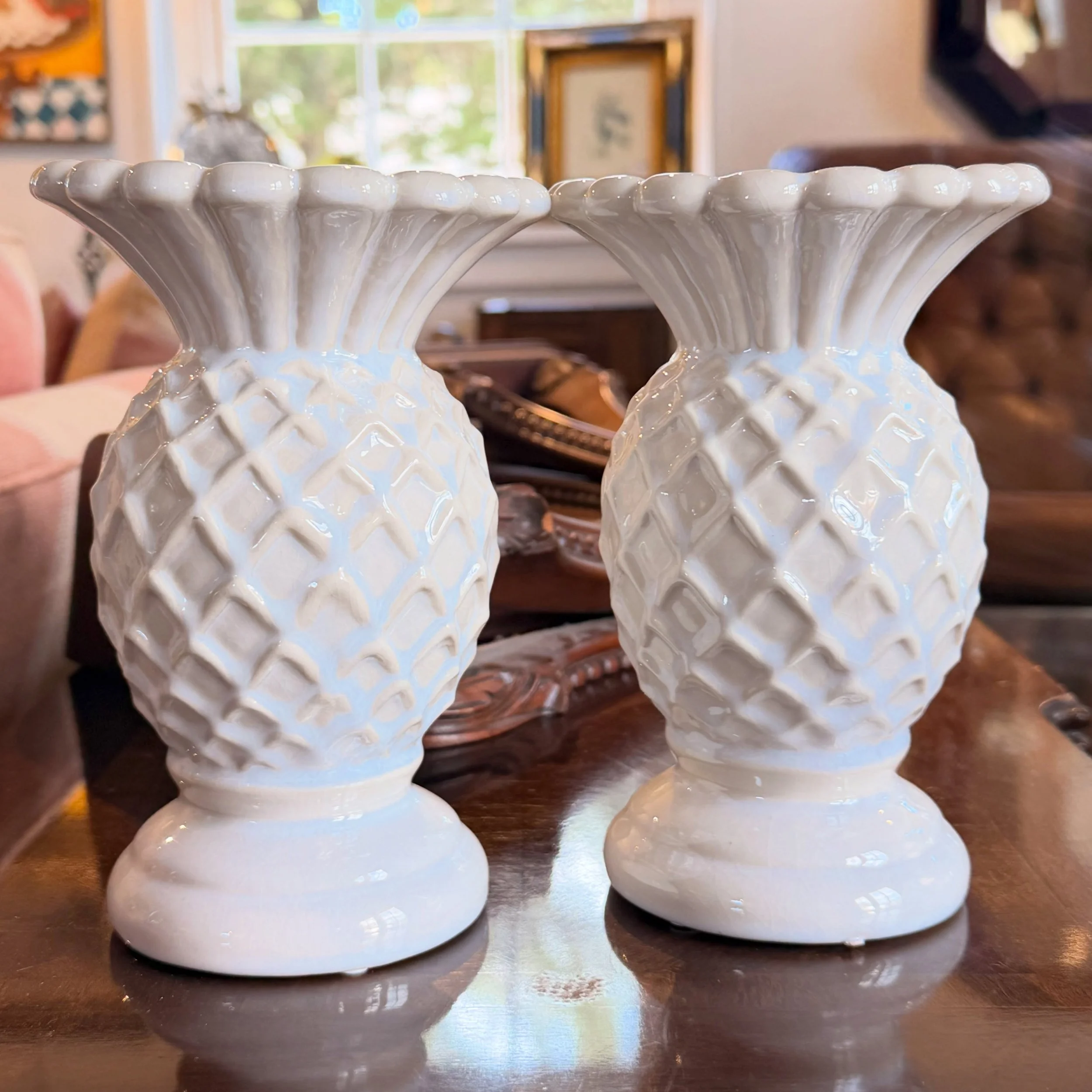 Perfect for a summer table&hellip;
A pair of white ceramic pineapple candle holders. Colored pillars would be lovely on these.
7.5&rdquo; high
$18 for the pair

call 215-798-6970 or stop in to purchase. All sales are final.
#consignment
#pinapples 
#