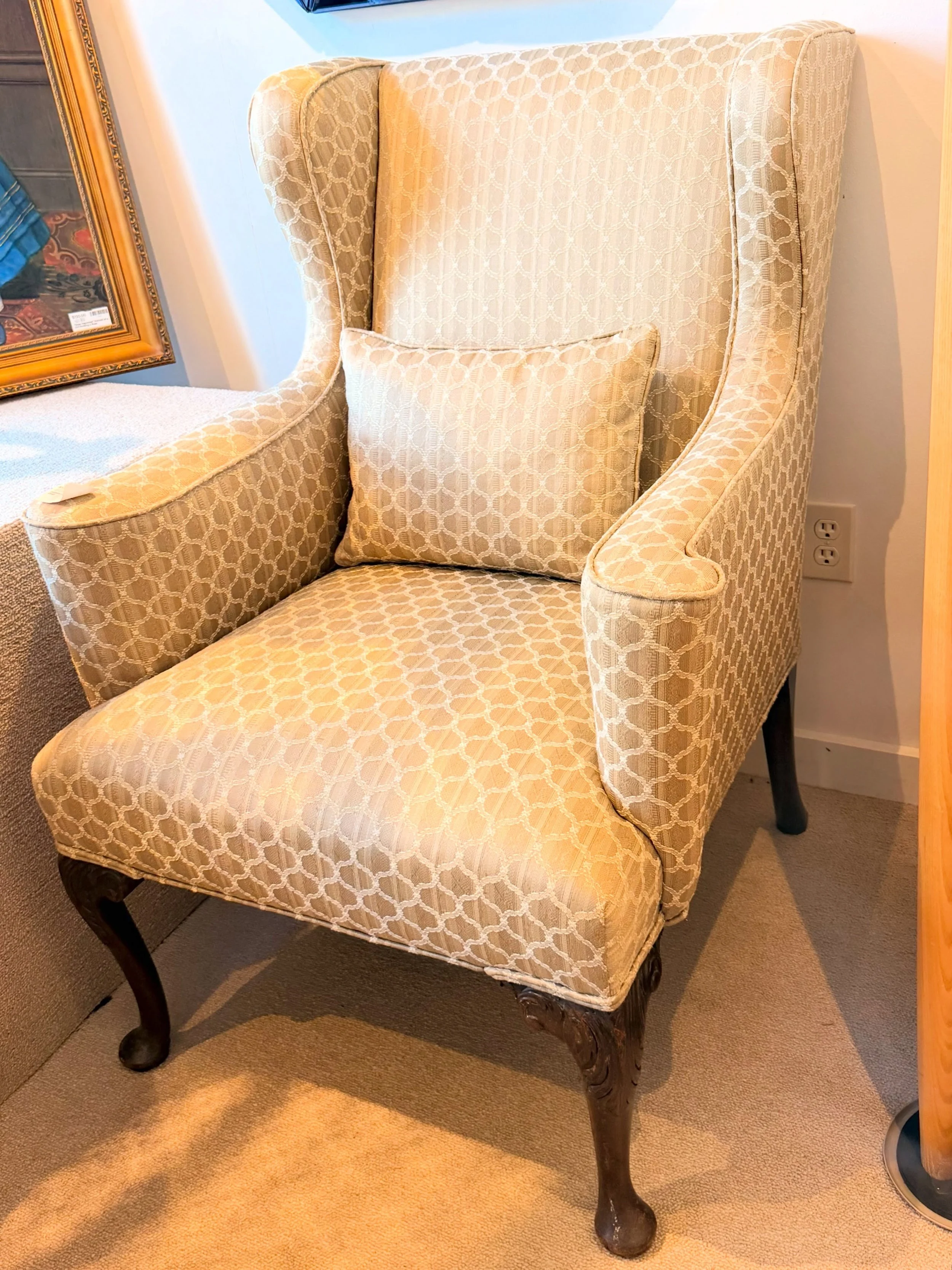 One of the wing chairs that we have in the shop!
Custom upholstered in a nice neutral fabric on cabriole legs with carved knees.
$402.50

call 215-798-6970 or stop in to purchase. All sales are final.
#consignment 
#wingchair 
#customupholsteredfurni