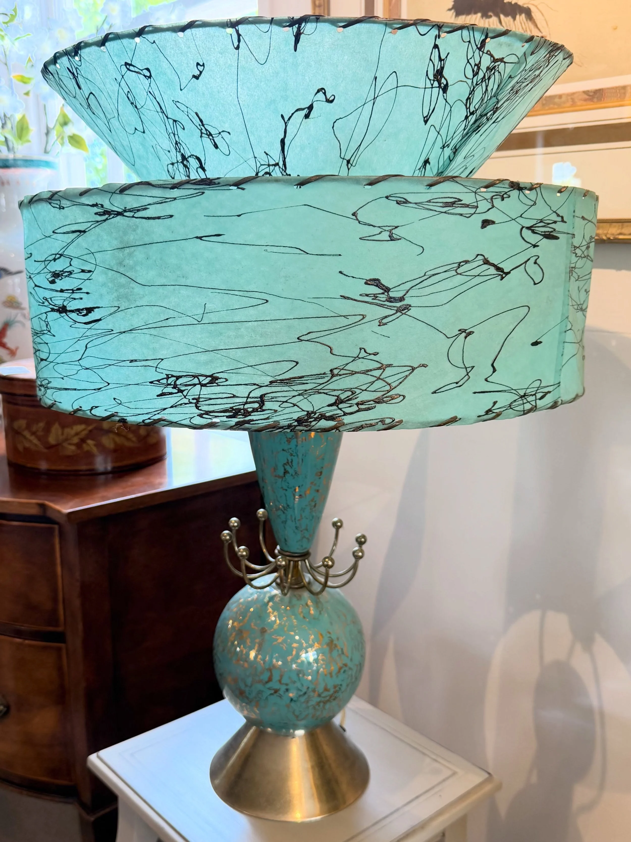 A fabulous mid-century turquoise and gold lamp with spun fiberglass drum shade.
So mid-century and super cool!
$388.50

call 215-798-6970 or stop in to purchase. All sales are final.
#midcentury #mcm #consignment #midcenturylamp #turquoise