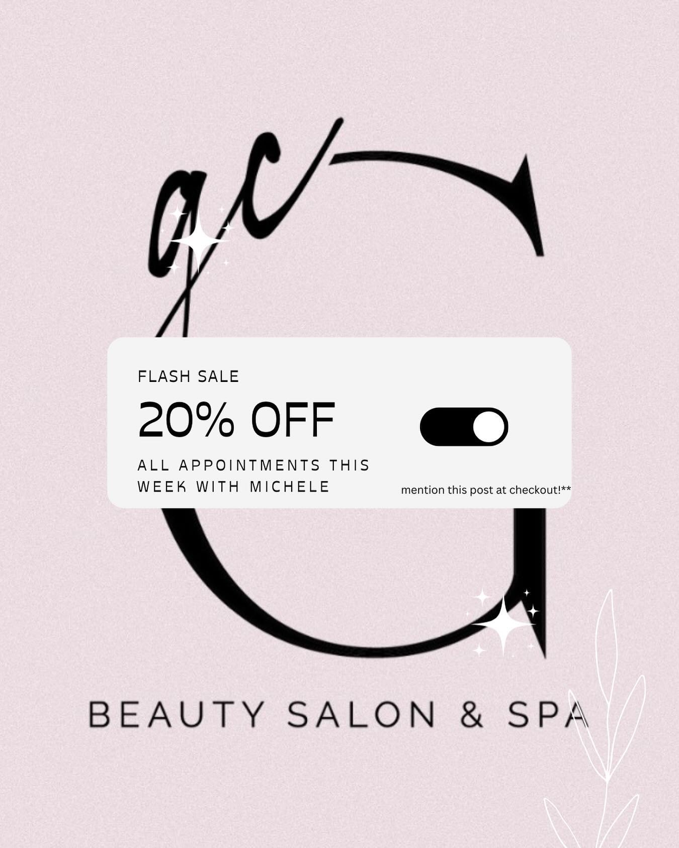 Geena is away 11/11-11/17!
All services with @micheletaylorbeauty are 20% off ALL WEEK! 
Mention this post at checkout 🎀💕
