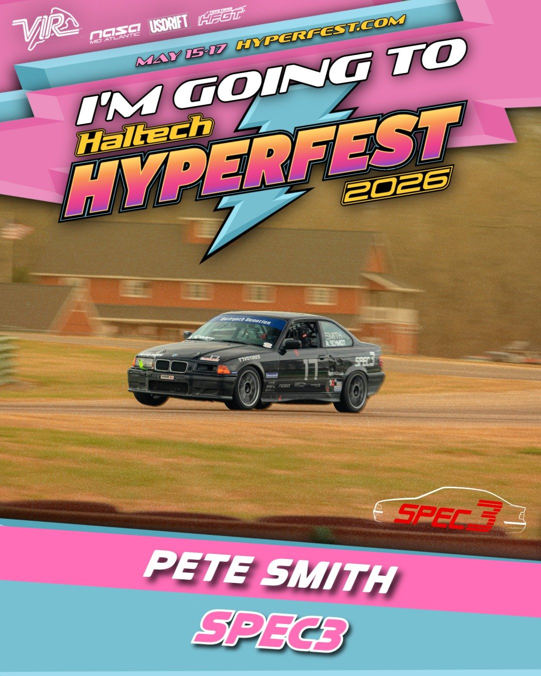 Hyperfest Spec3 lineup announcement Part 2 (of 3). Spec3 looks to have the most cars at Hyperfest of any class! 

We'll be at the hottest automotive event of the year. Will you? 

Spec3 racing Friday, Saturday, and Sunday on VIR Full Course around th