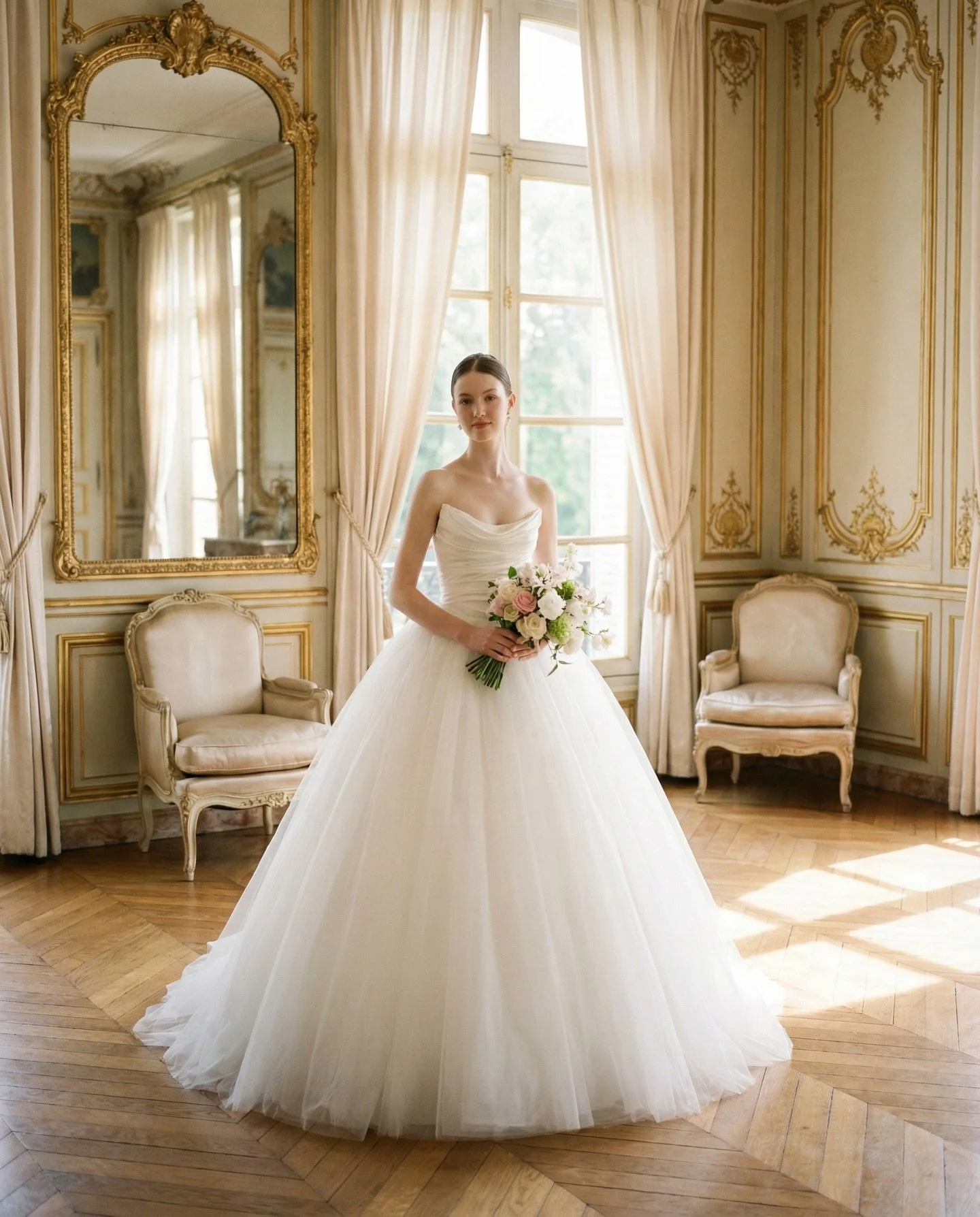 Versailles Glow ✨

A love letter to morning light in the Palace of Versailles&mdash;soft, gilded, and endlessly refined.

Draped in airy tulle with a luminous, cloud-like skirt, this ballgown is designed to float with every step. A sculpted, softly g