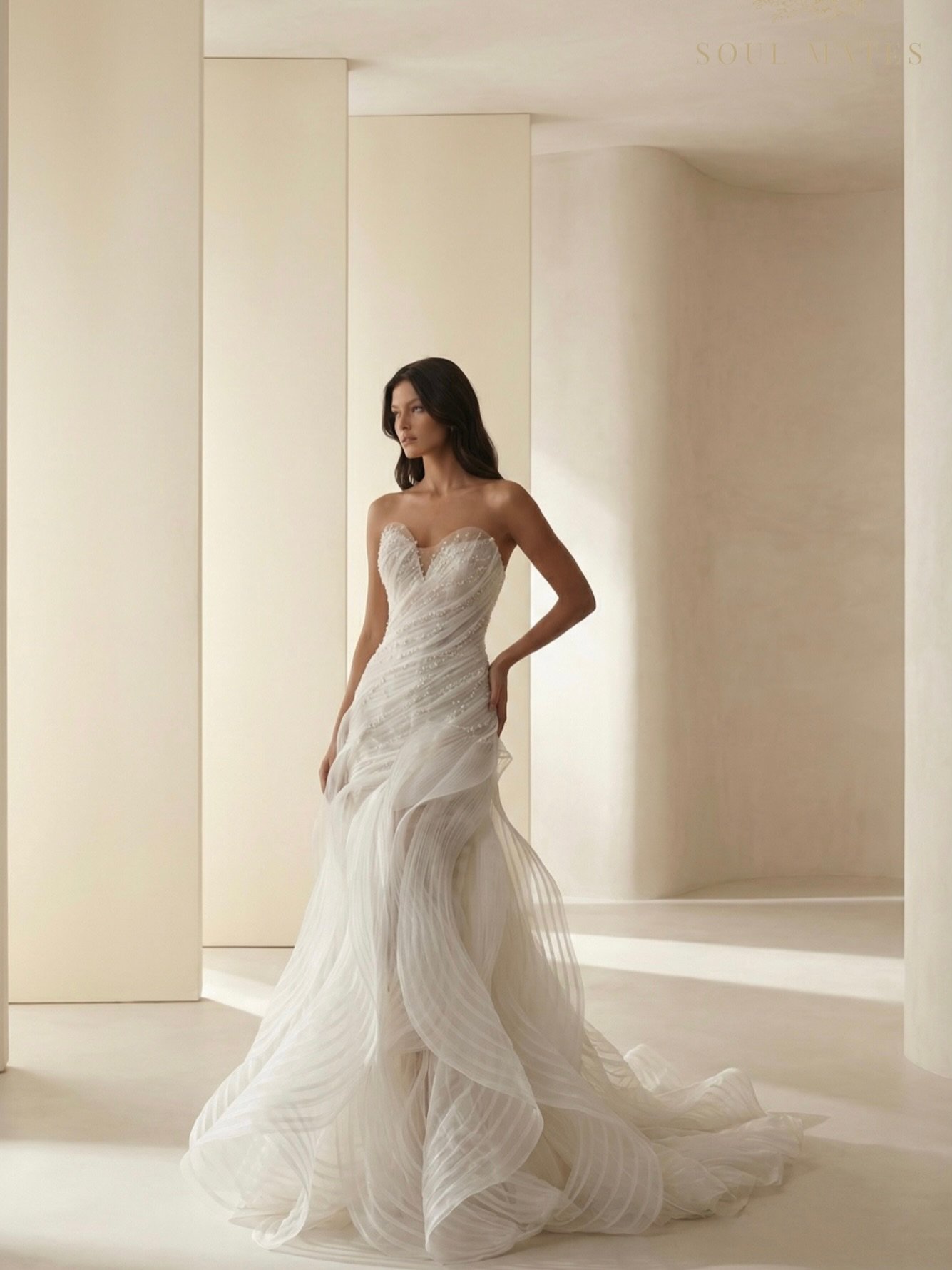 There&rsquo;s something about the way this gown moves.

Soft, weightless layers, 
falling like waves,
gathering and flowing with every step.
like the tide, quiet but impossible to ignore.

A gown that doesn&rsquo;t try too hard, yet stays with you.

