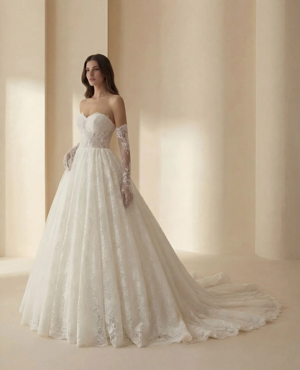 A hymn, not sung，but carried in light.
Like the morning mist,
this gown doesn&rsquo;t arrive all at once.

It reveals itself slowly.
in lace that breathes against the skin,
in a silhouette that opens like a held breath,
in the way it follows softly, 