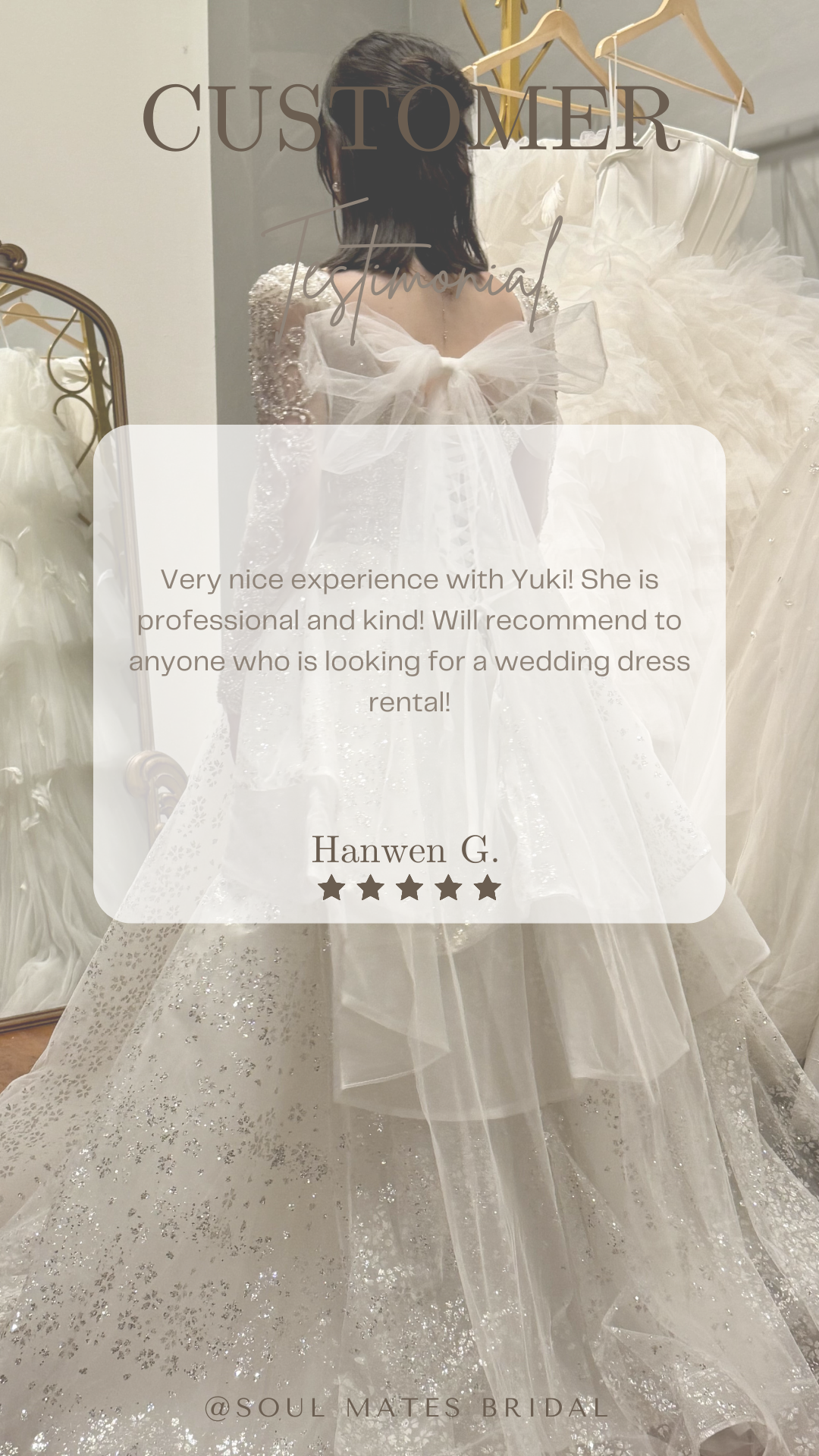 Woman wearing a sparkly white wedding dress with a testimonial overlay about a positive dress rental experience at Soul Mates Bridal.