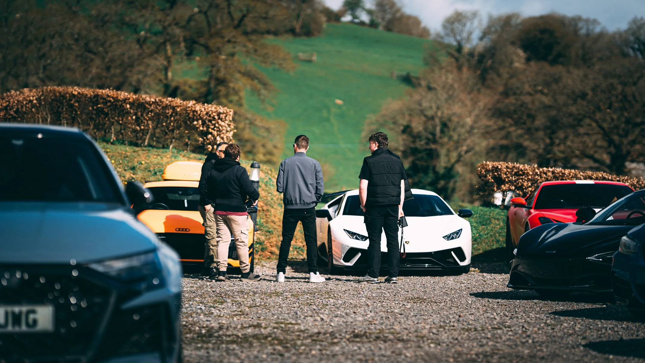 Group of people standing among luxury sports cars in a scenic outdoor setting with green hills and trees in the background.