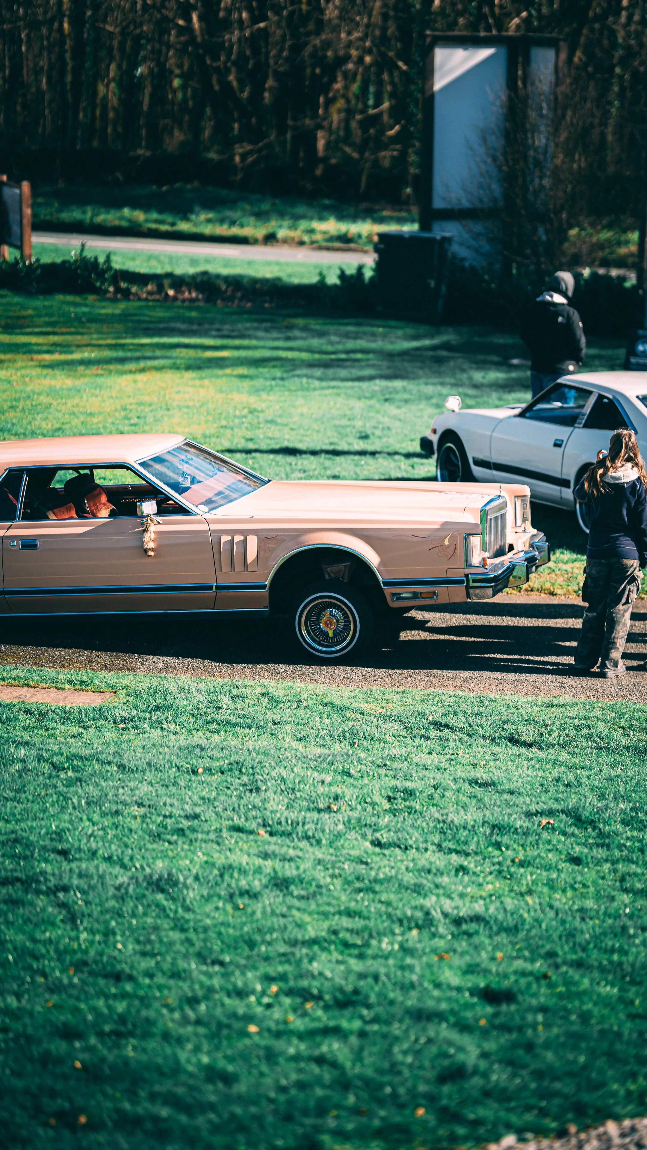 People gathering outside near classic cars, including a pink luxury car in the foreground, with a grassy area and trees in the background during daytime.