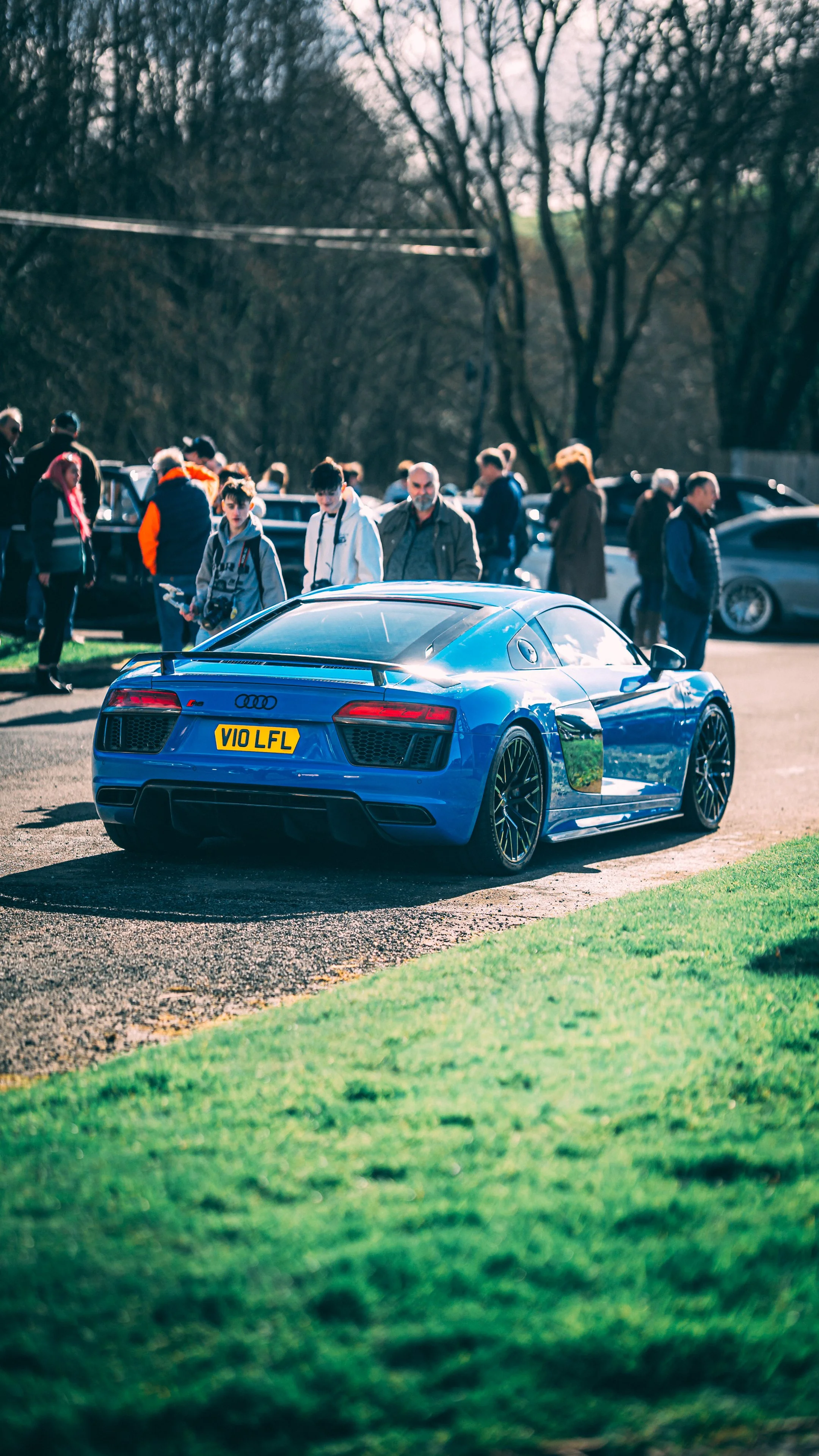 A bright blue Audi sports car with the license plate VIO LFL parked on the road, with a group of people gathered in the background among parked cars, and trees with bare branches in the distance.
