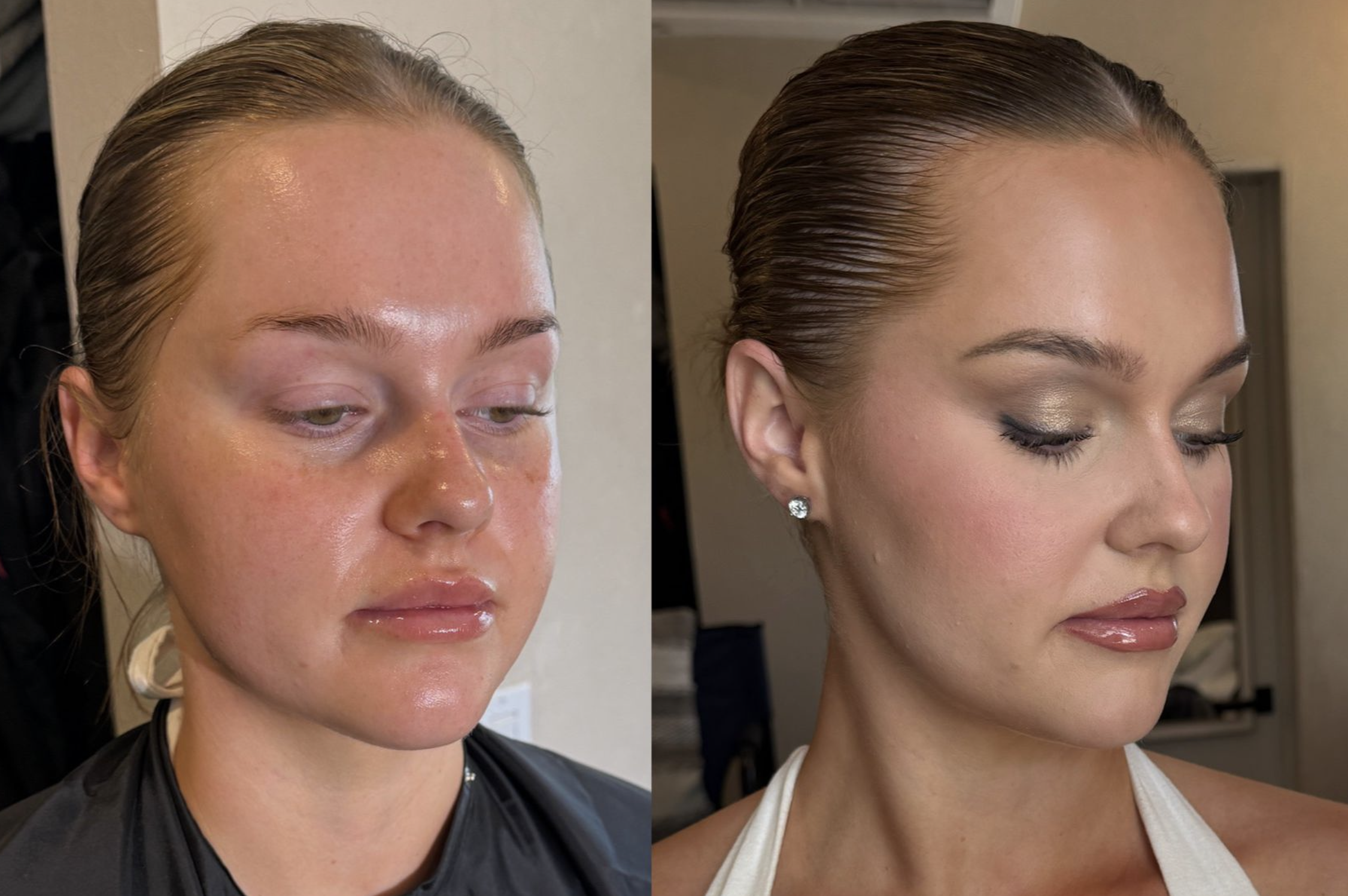 Comparison of a woman's face before and after makeup application, showing smoother skin, enhanced eyebrows, eye makeup, and glossy lips.