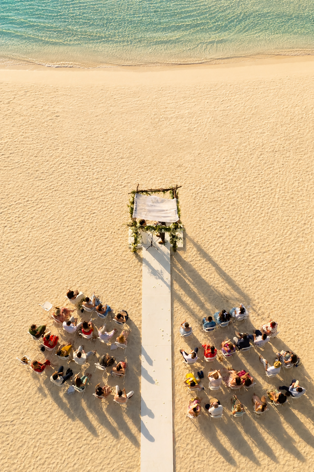 Overhead view of a beach wedding ceremony with chairs arranged on the sand facing a decorated altar near the shoreline, with guests seated in colorful clothing and the ocean in the background.