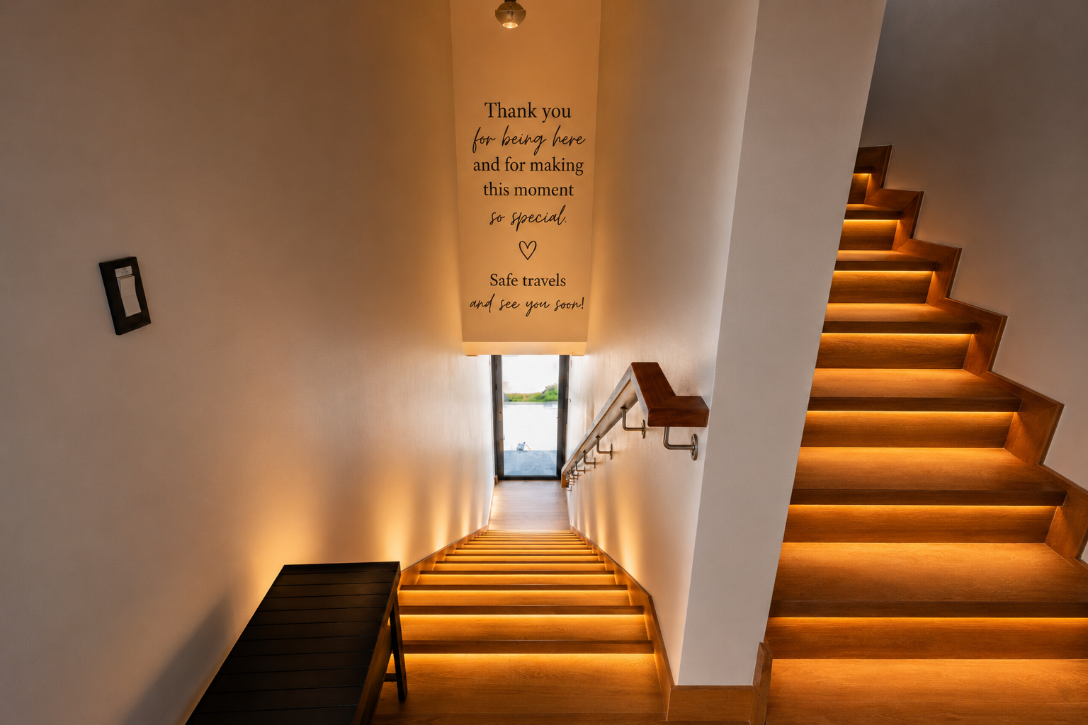 View of a staircase with warm lighting and a handrail on the right side, leading down to a door with a view outside. There is a message on the wall that reads, 'Thank you for being here and for making this moment so special. Safe travels and see you 