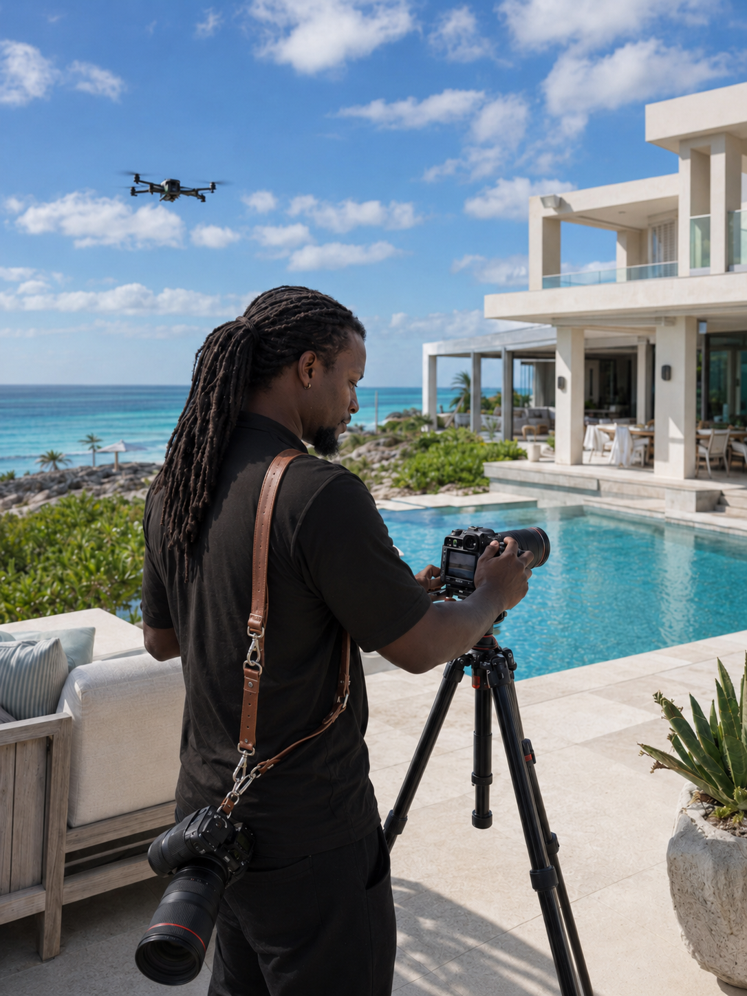A man with long dreadlocks, dressed in black, is setting up a camera on a tripod by a swimming pool at a modern beachfront house. A drone is flying in the blue sky above, and the ocean with palm trees can be seen in the background.