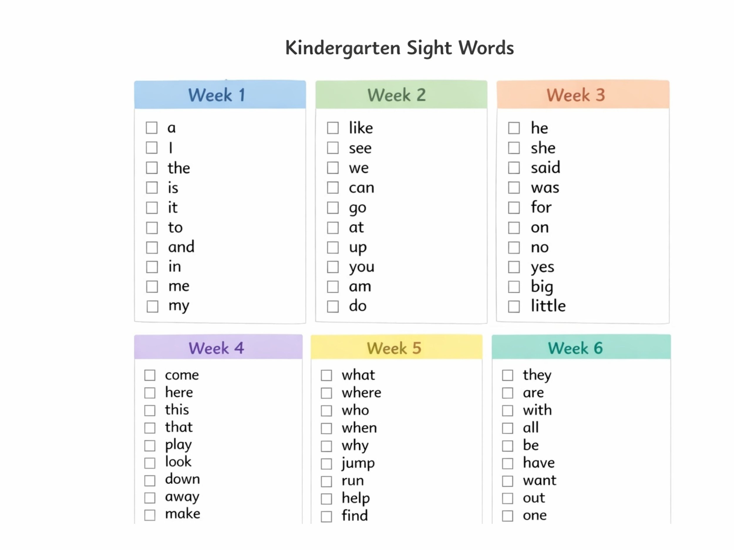 Free Printable: 6‑Week Kindergarten Sight Words List