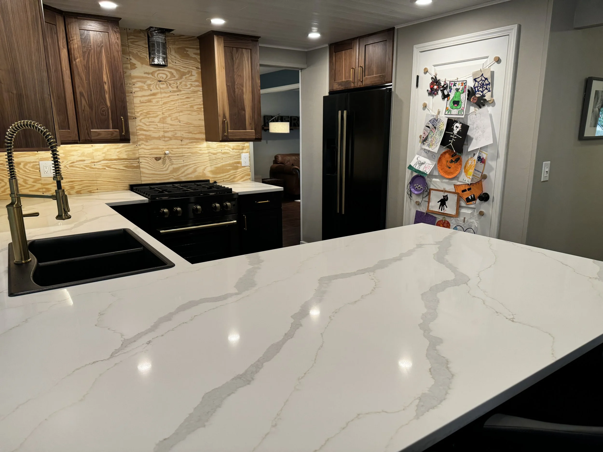 Done!  Now another two week wait while they fabricate the solid-surface backsplash. This part of the project--the countertop and backsplash installation--took the longest, and it was really just waiting around for it to happen.  Oh well, I guess ther