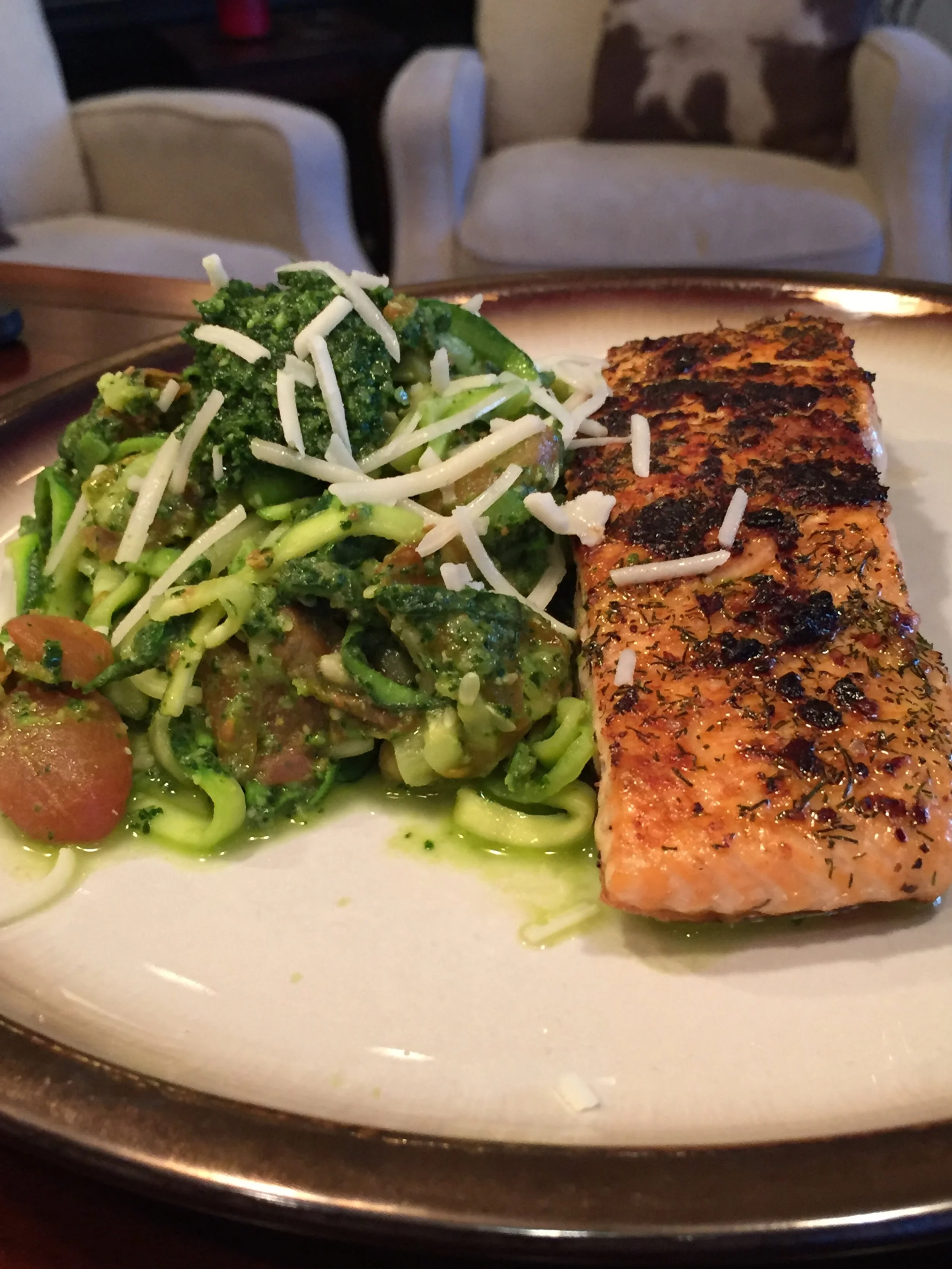 Another salmon dish, this one blackened with zucchini noodles and tomatoes on the side.