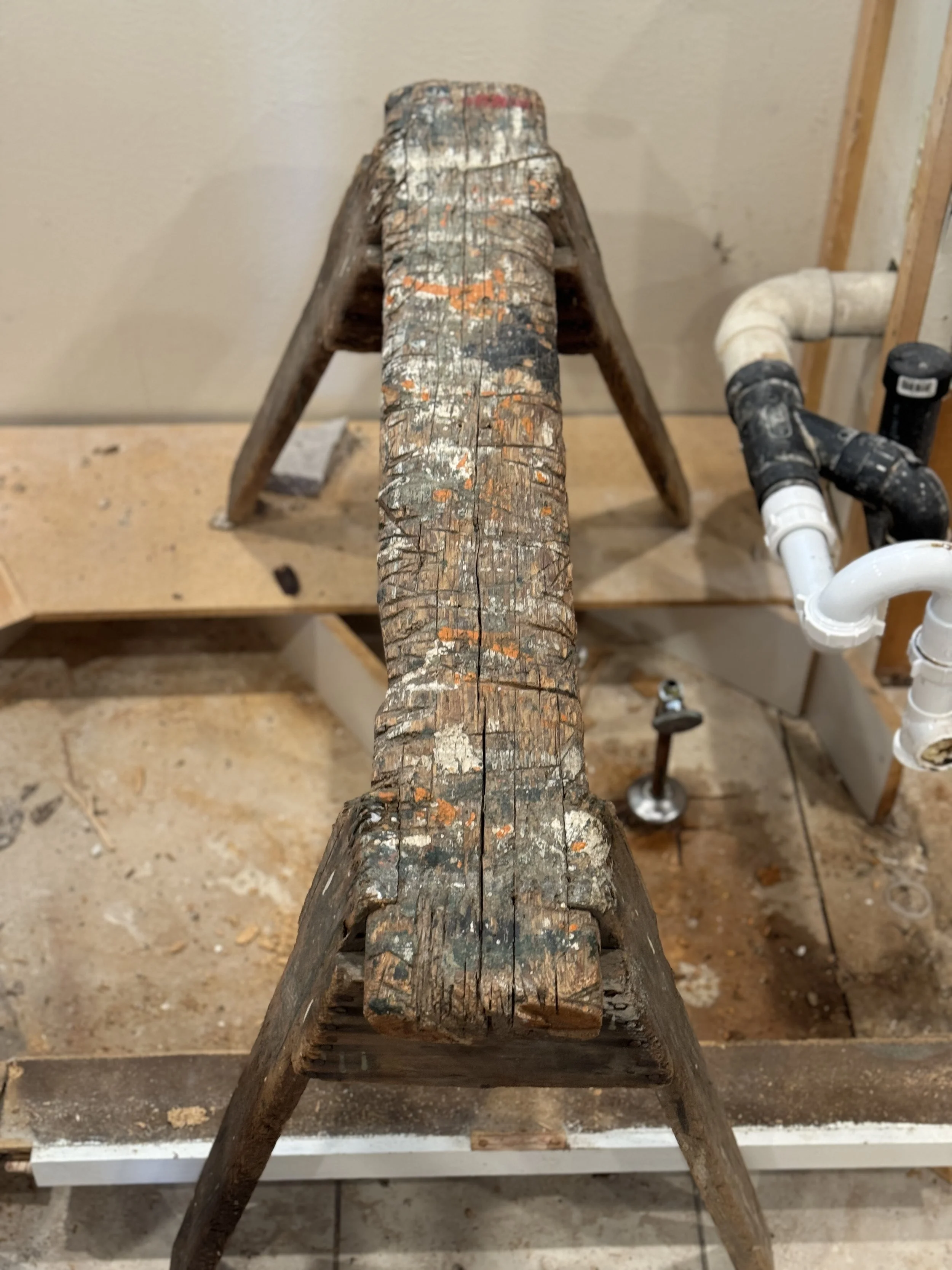 My Grandpa Van Zandt's 90-year old handmade sawhorses are seeing a lot of action in this project... I love these, they look like art to me.  The orange paint is from when my Dad painted his front door orange... in 1976.  