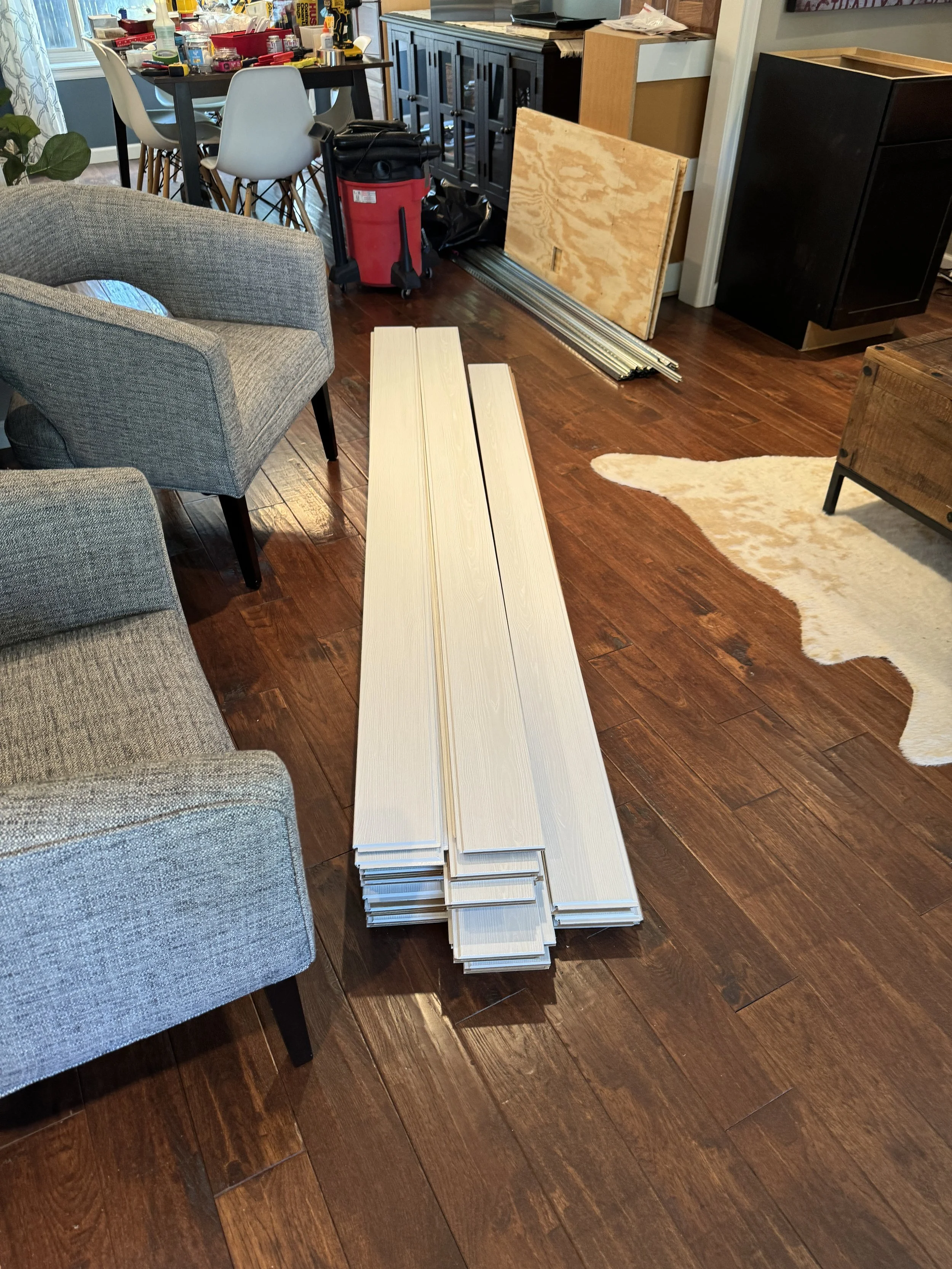 Next... the plank ceiling.  This is an Armstrong product, and they have an installation system for it that made it go up really fast.