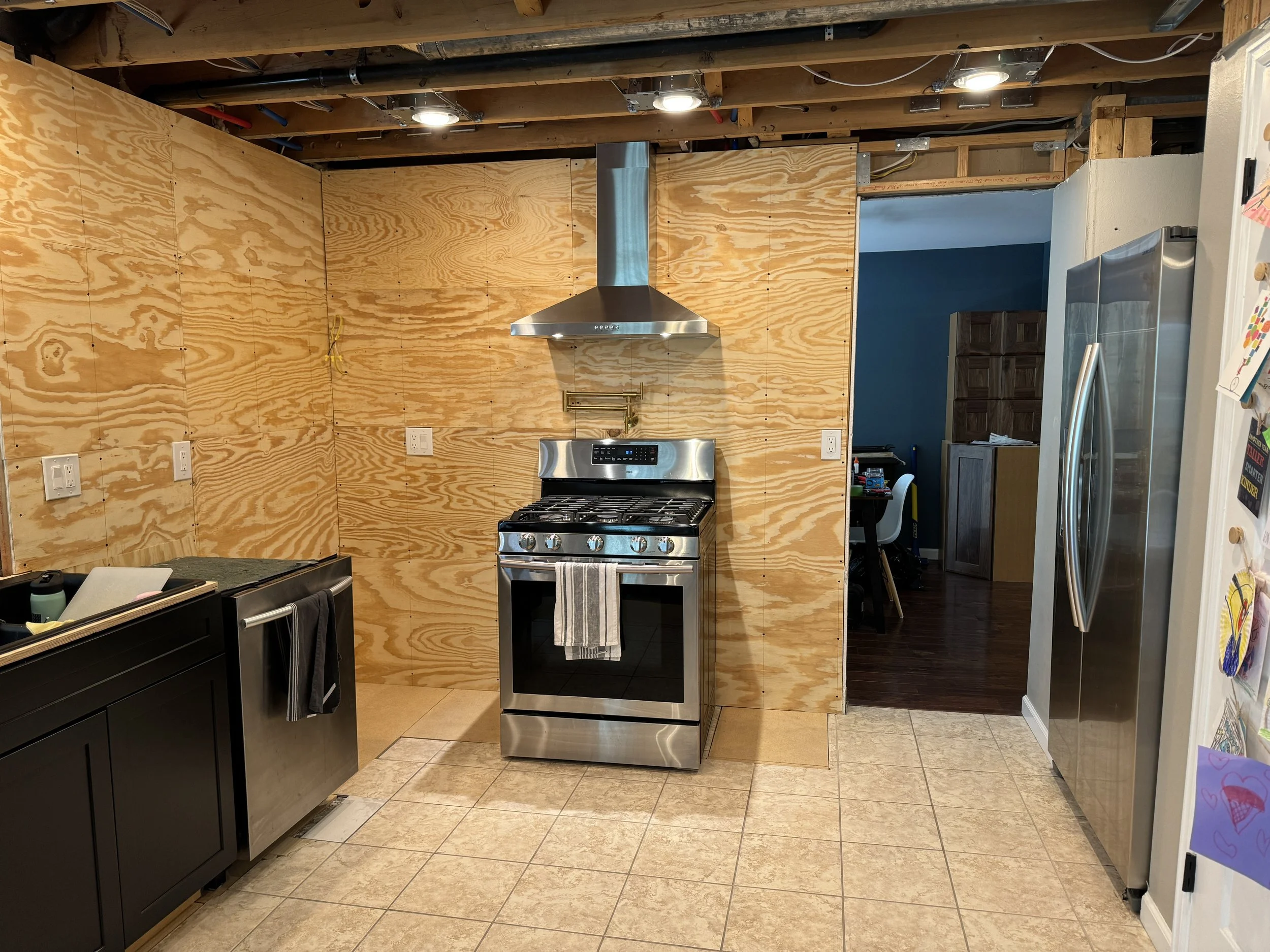 I went with 2x4 sheets of 1/2" plywood, because it's got better insulative properties, and is much easier to work with than drywall... especially since I would need to take the sheathing off as I adjusted the pot filler, range hood, etc.  (I started 