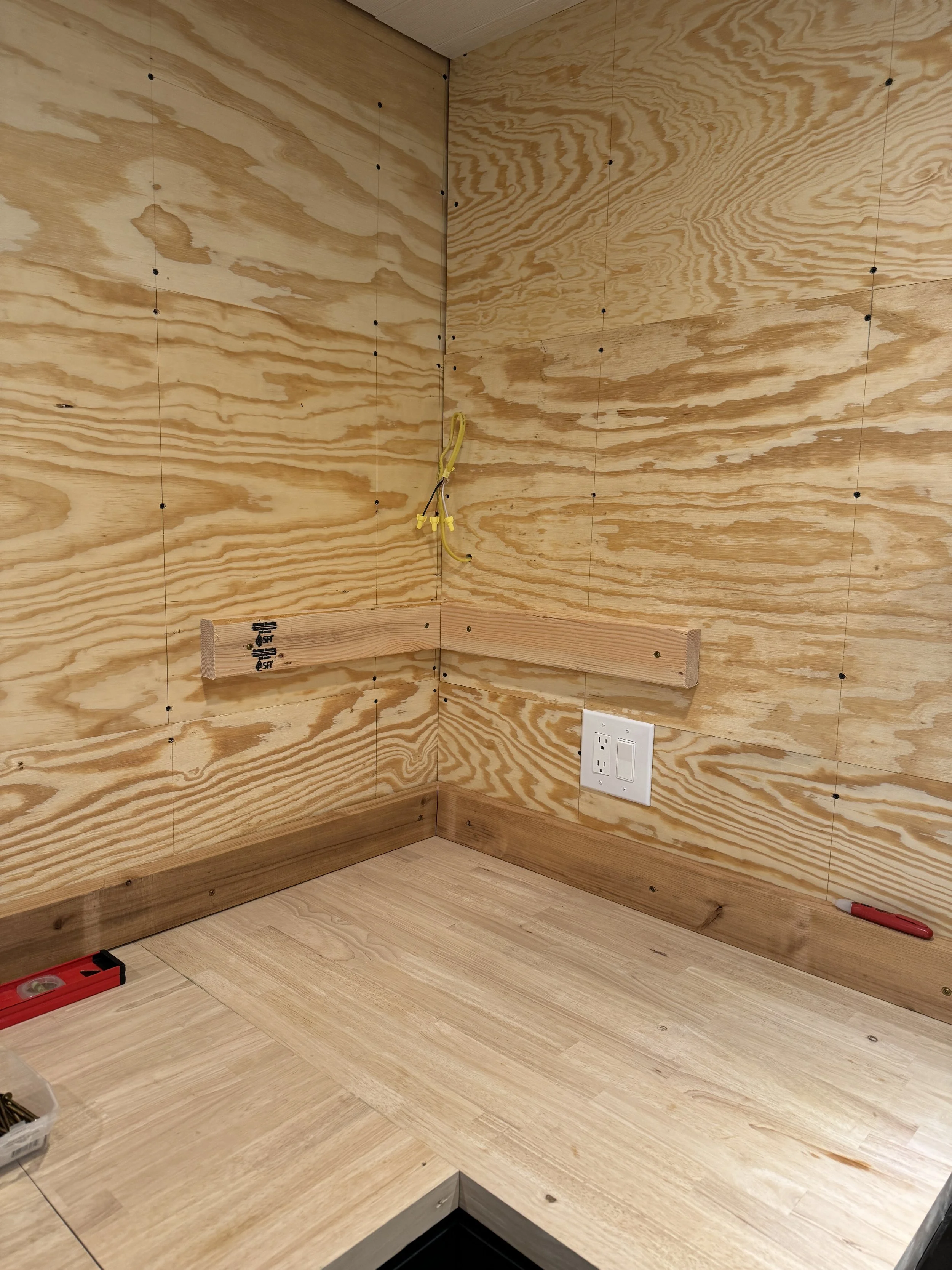 Installed the ledger board to start getting the wall cabinets up... here we go!  