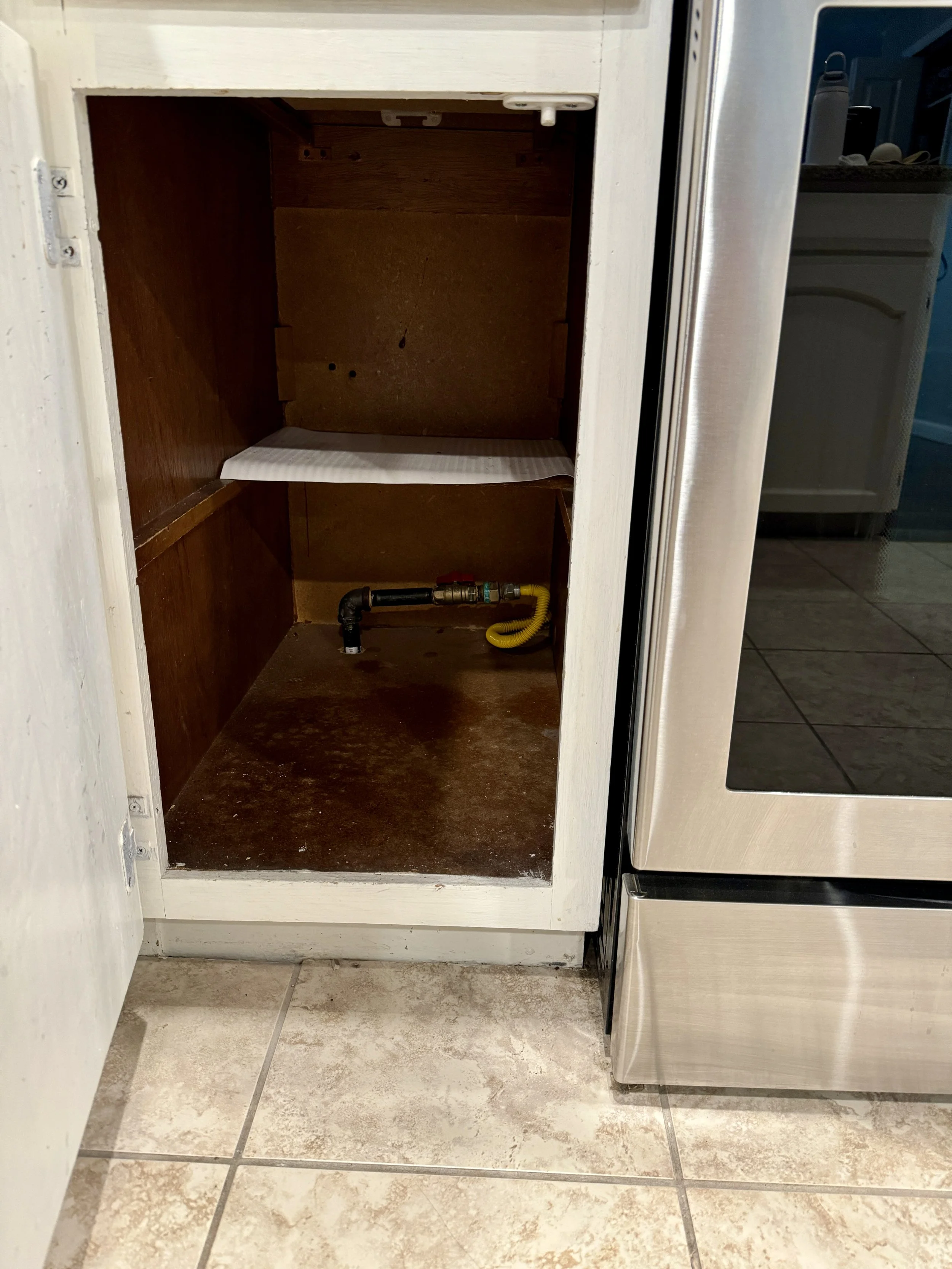 So... you can imagine my delight when, the next day, there was another unexpected delay.  I realized that this gas line came up from the basement, INTO the cabinet, and then OUT of the side of the cabinet. Which meant that there was no way to remove 