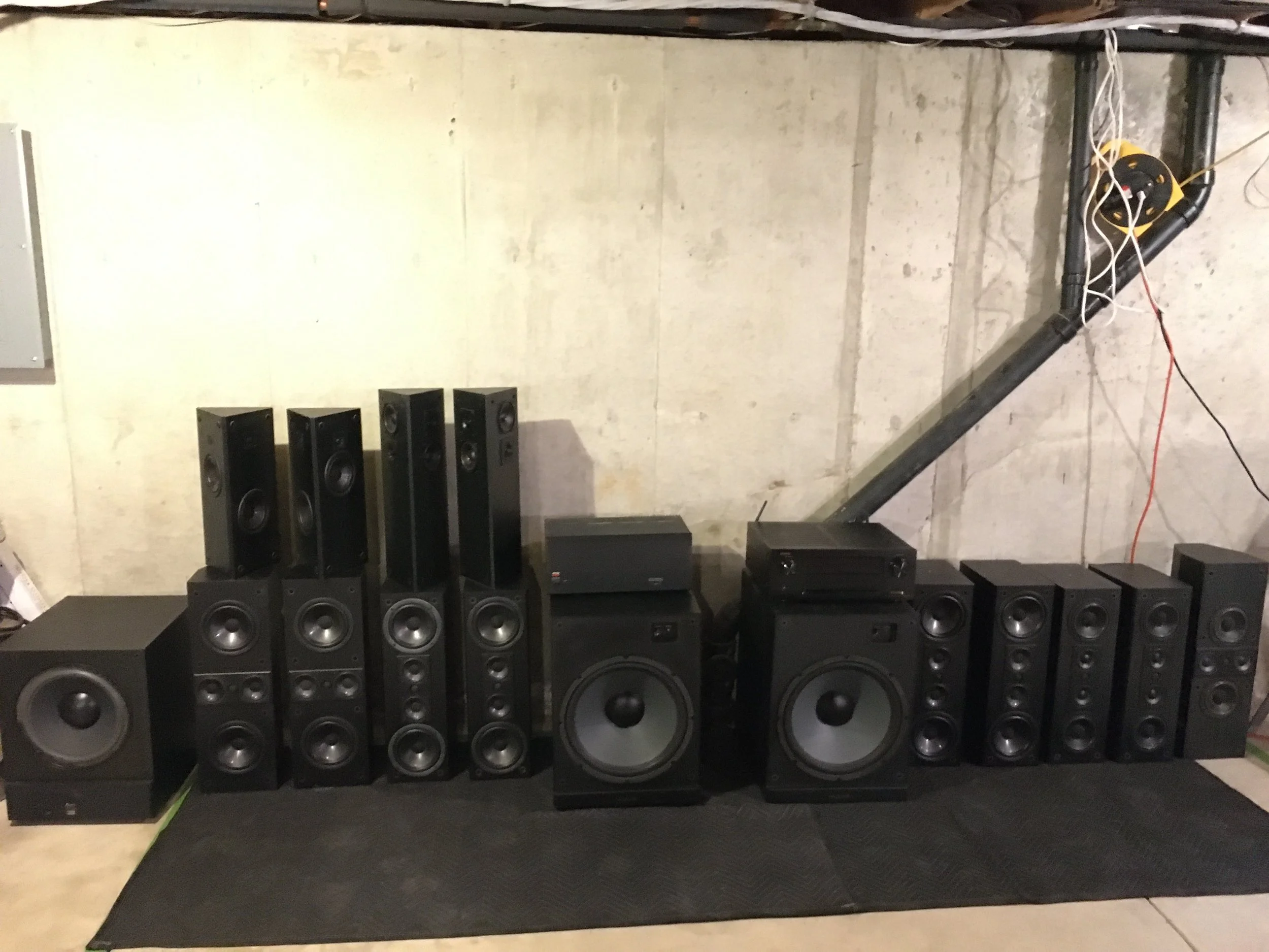 A ridiculously great Craigslist find--two separate Atlantic Technology speaker systems, each with a 15" subwoofer. Retailed over $10k new, got them for $600 total. 