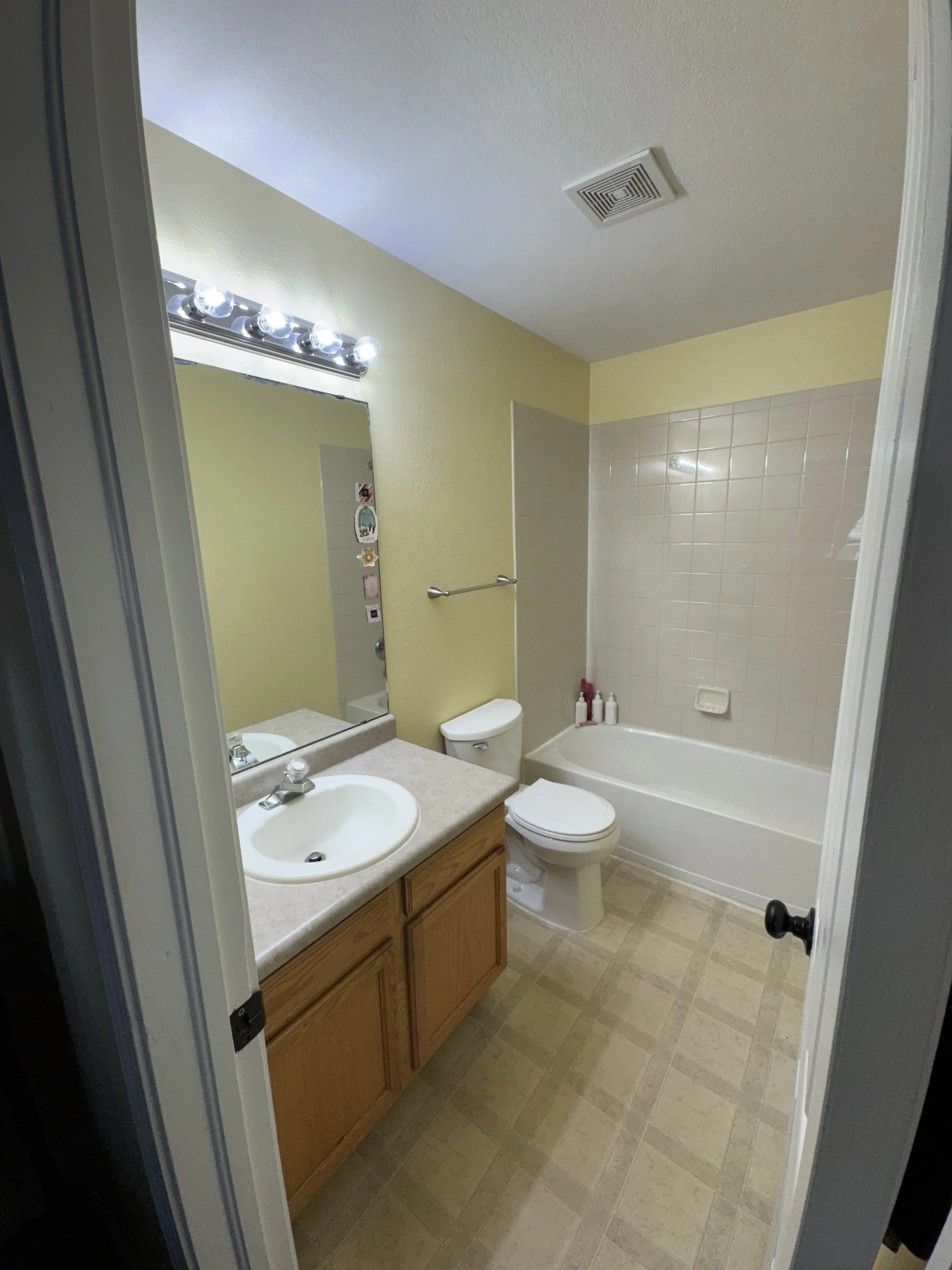 So this was a quick one, it took about three days (started August 7, 2025).  Just a small ensuite bathroom.  The layout was fine, the finishes--floor, lighting, vanity, mirror, hardware, etc.--were old and tired.  Pretty easy to fix!