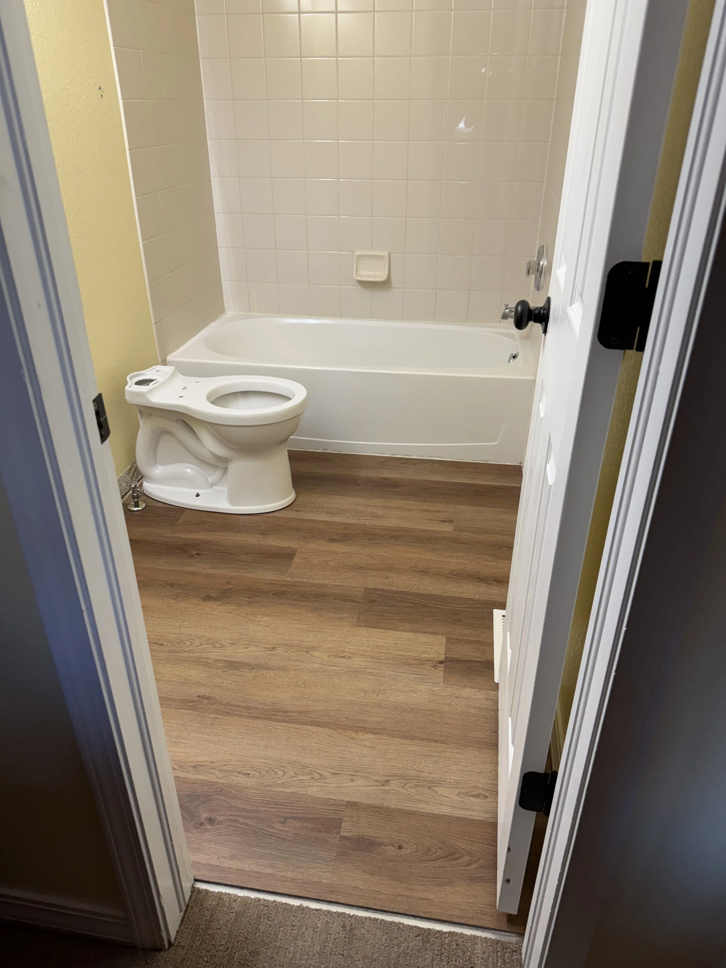 New chair-height toilet is set in place.