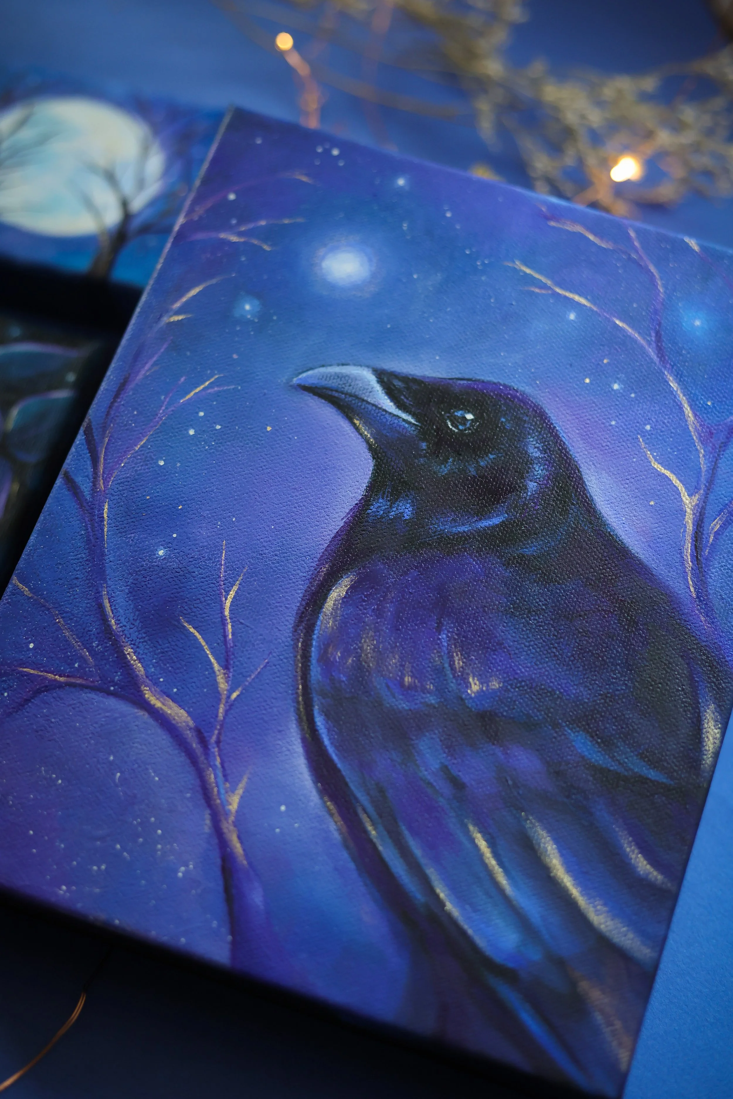 night sky crow art oil painting in purple, black and blue with gold accents