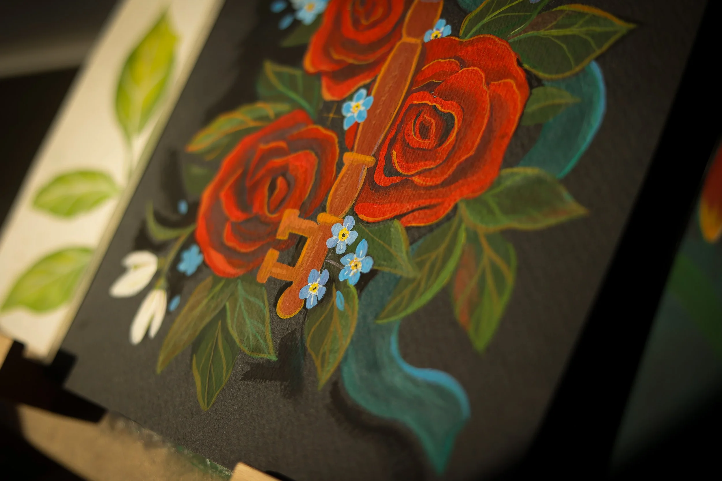secrete garden painting red roses key
