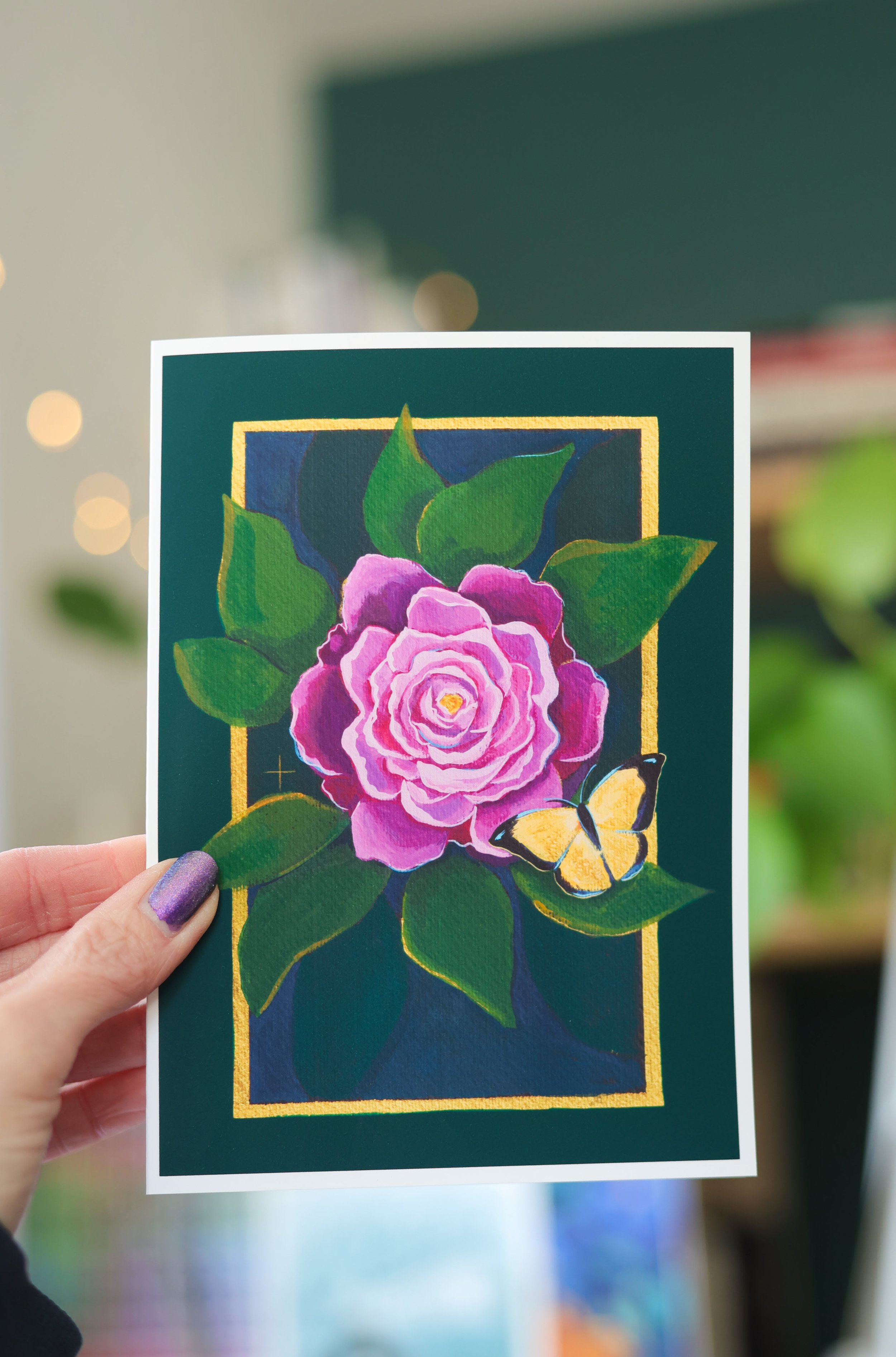 fine art greeting card peony and yellow butterfly