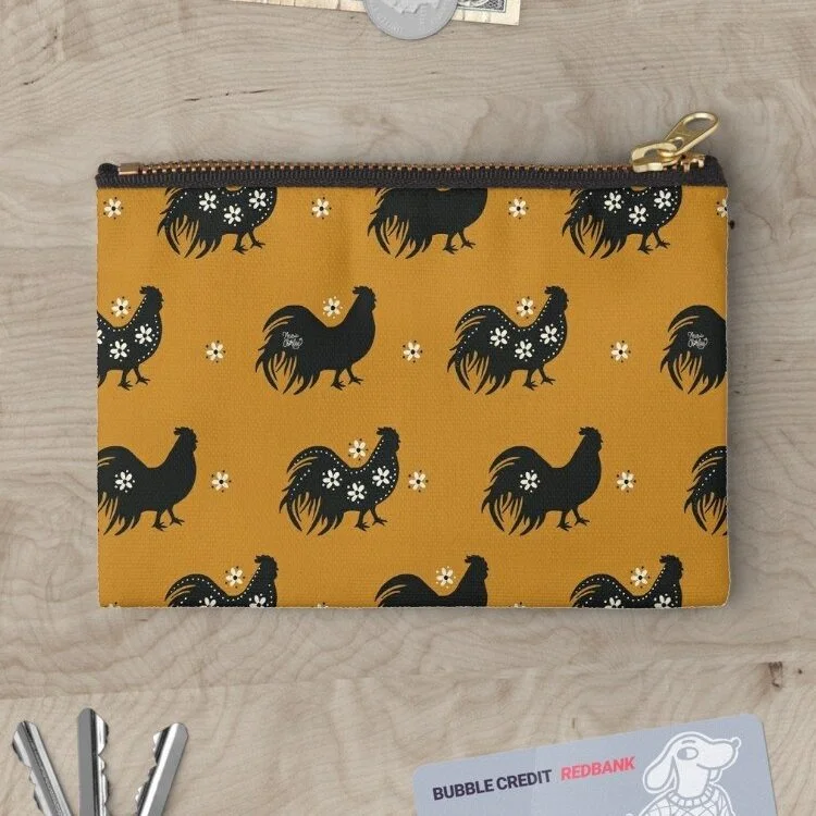 Roosters and Daisies-Mustard Zipper Pouch Mock Up
