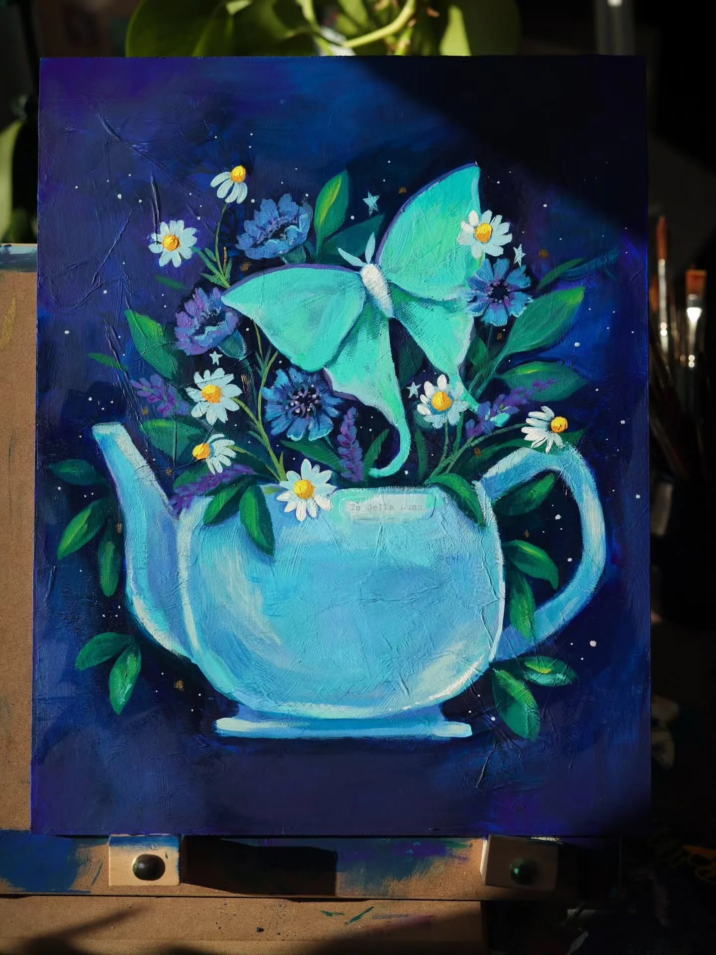 Moon Tea🌙🩵
.
To drink a cozy tea under a moonlit sky🩵🌙
.
Work in progress- I will be adding more highlights and color in oils! Currently painted with acrylic gouache with a base of collaged tissue paper! 🌙🩵
.
Happy weekend everyone 🩵🌙