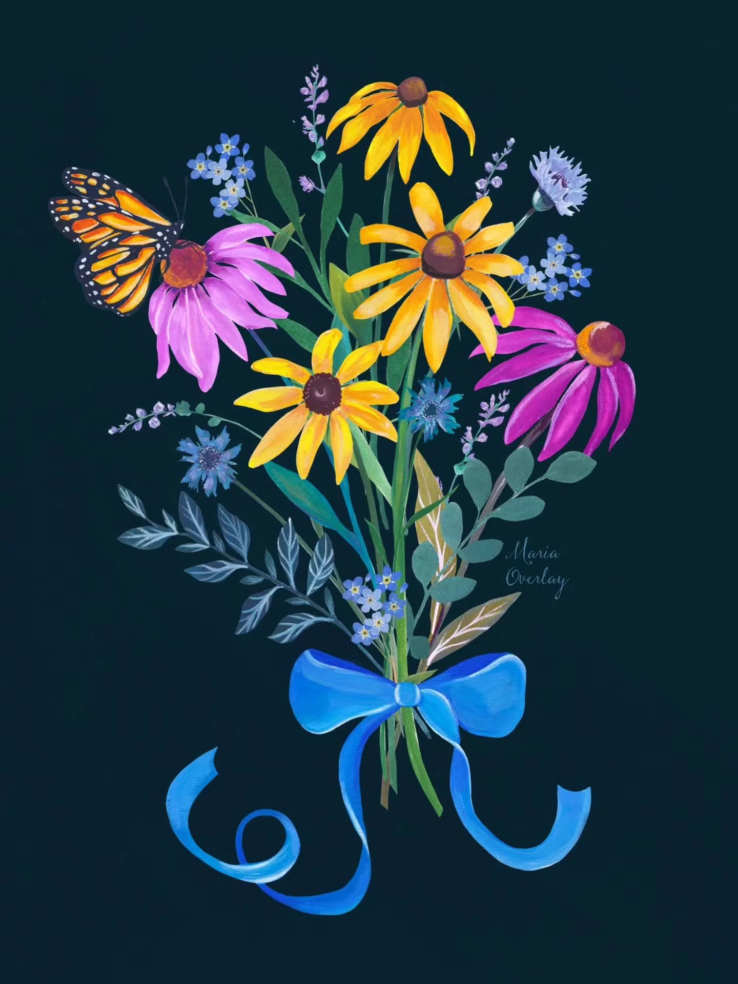 Can't wait to share the flower bouquet recipe with readers, a diy project included in my book~ The Book of Flowers 💐 ✨️ 
.
So happy with how versatile these paintings are! Each flower, monarch butterfly, leaves and bow were hand painted with traditi