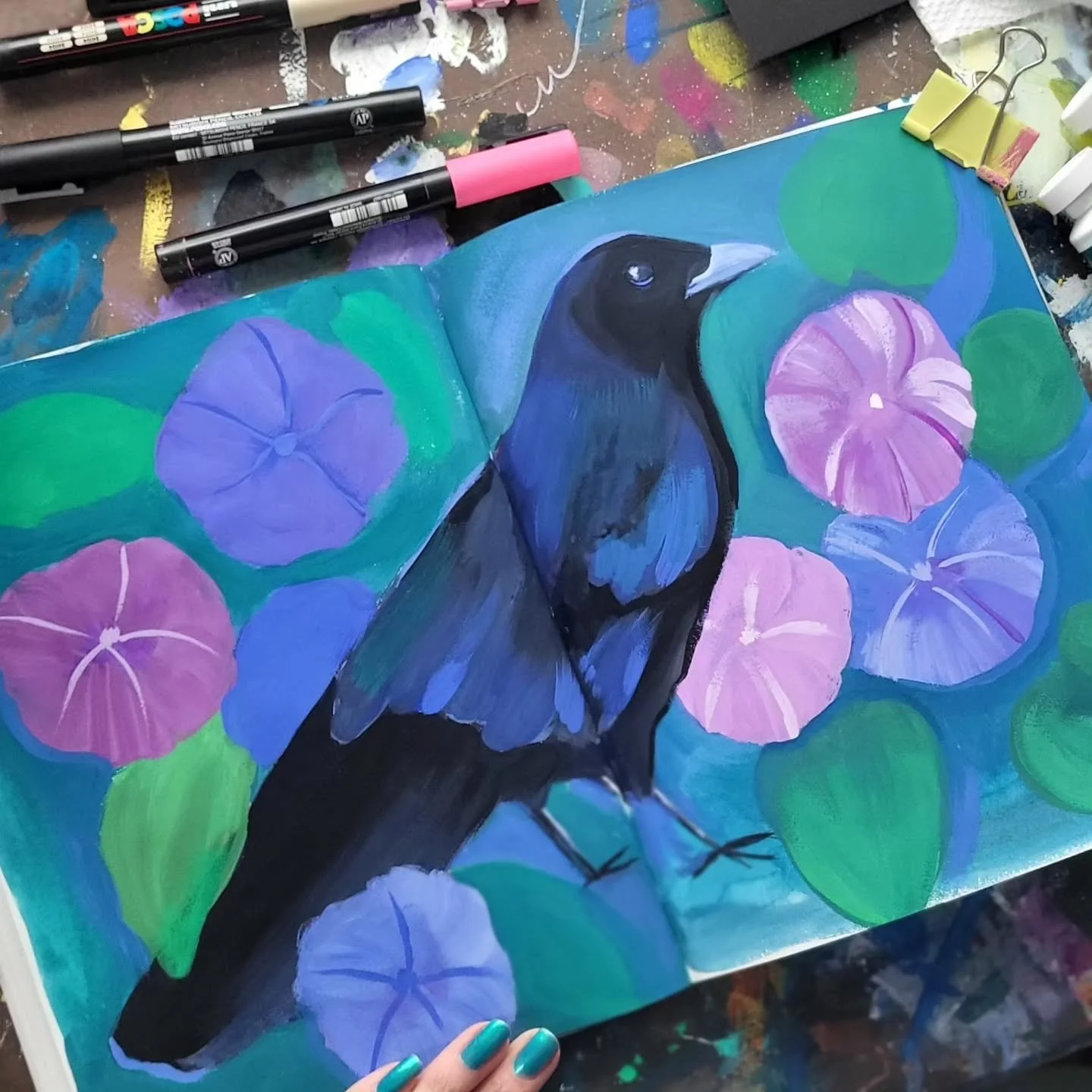 A couple of ideas forming here in the sketchbook! 🩵💓🌹
.
Each day on my walk with my dog, Ruby, we are followed by about 3 crows! They bounce in the trees and caw and as we keep walking they circle and follow. I swear they know I'm the lady with pe