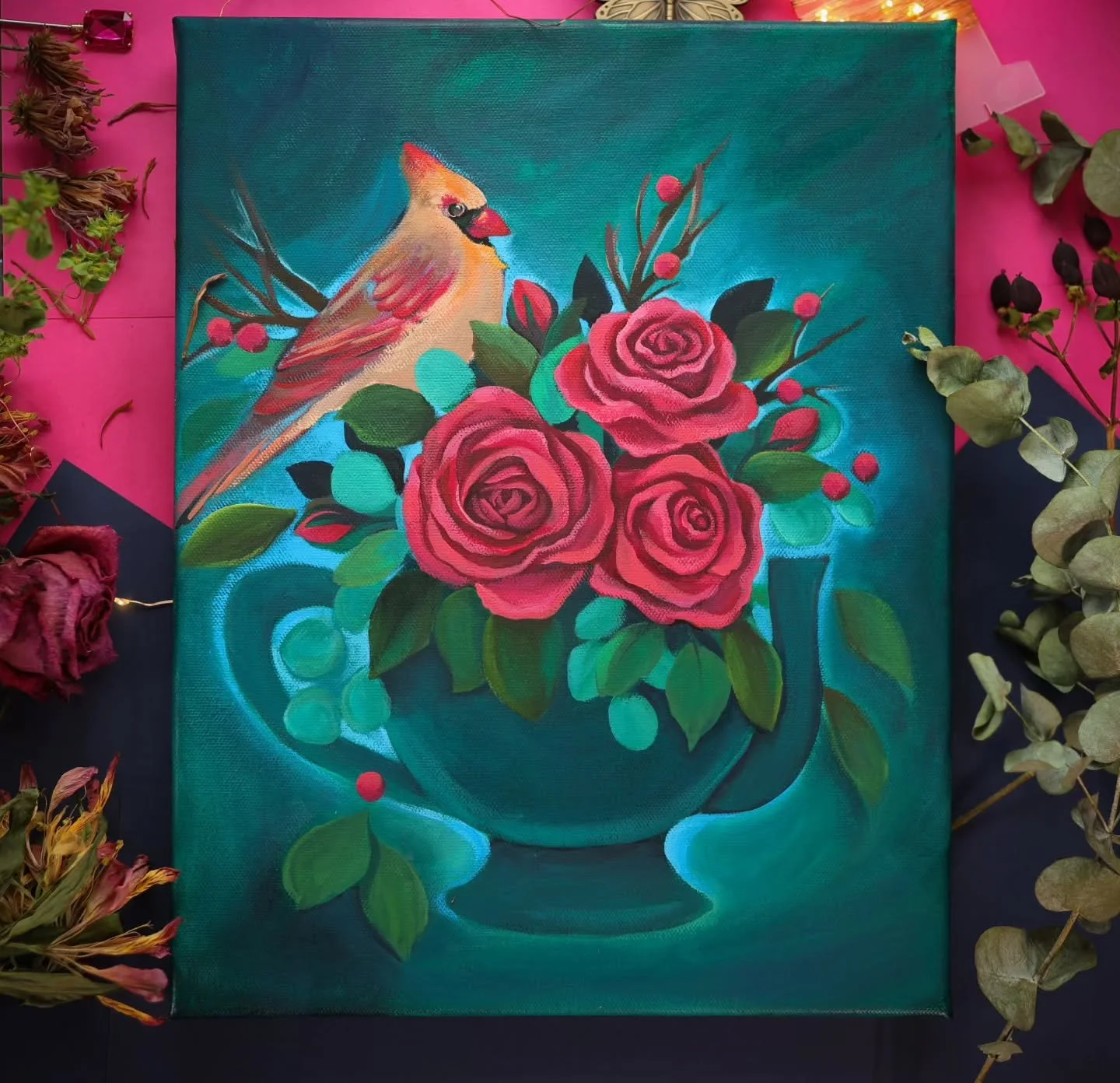 Mrs Cardinal, Roses and Teapot! 🫖🌹🩵
.
Help me name this painting! It feels very feminine, serene, but with some boldness! Maybe a celebration of growth? 
Maybe a sense of stopping and smelling the roses? 
Sometimes painting names come right to me,