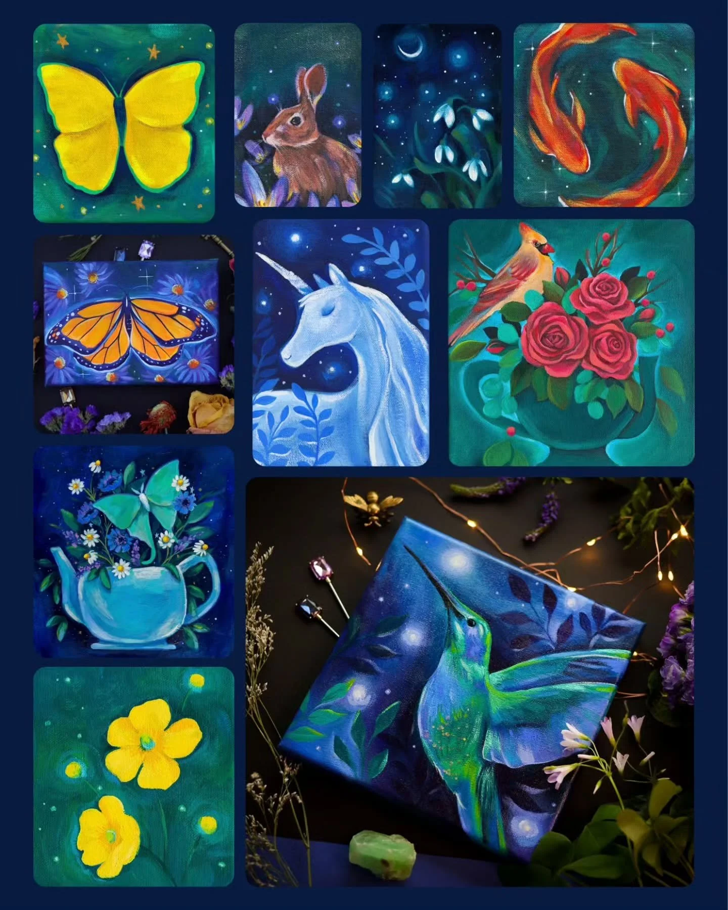 Add a little magic to your space✨️🪻
.
Handmade Art is a really special thing to own, to hold and to view. There's a lot of great detail, practice, story and so much more that pours into pieces of art. ✨️💙
.
Each painting here were created with vibr