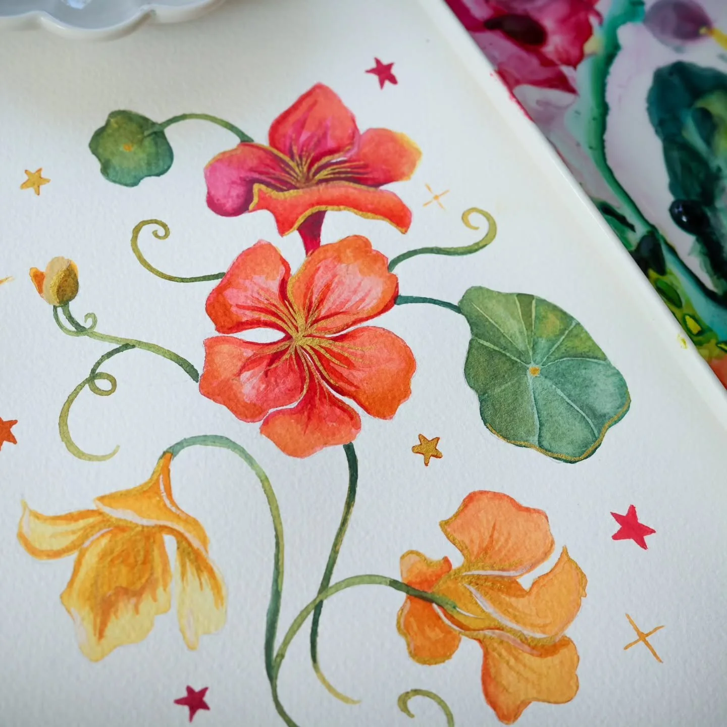 Nasturtiums ❤️ 🧡💛

Watercolors, gouache and a touch of acrylic gouache (white acrylic gouache mixed with Quinn gold watercolor) ✨️🌿
.
Can't wait to grow these guys in the garden!💛🧡&hearts;️