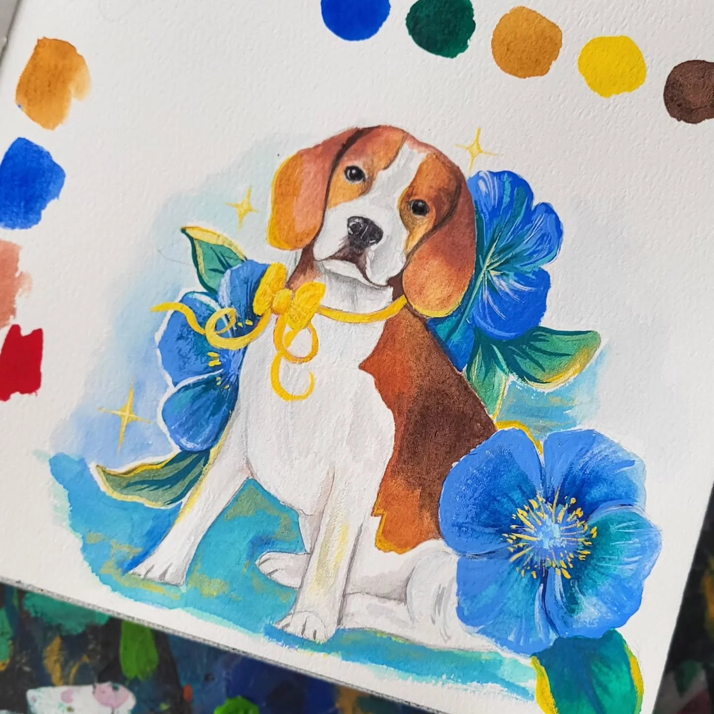 I had a beagle growing up, they are sweet dogs with a sense of humor, sometimes a little naughty, and of course very loyal and friendly. One of my dogs I own now is also part beagle! 💙 

I wanted to paint a beagle in a sweet way, as a reminder of th