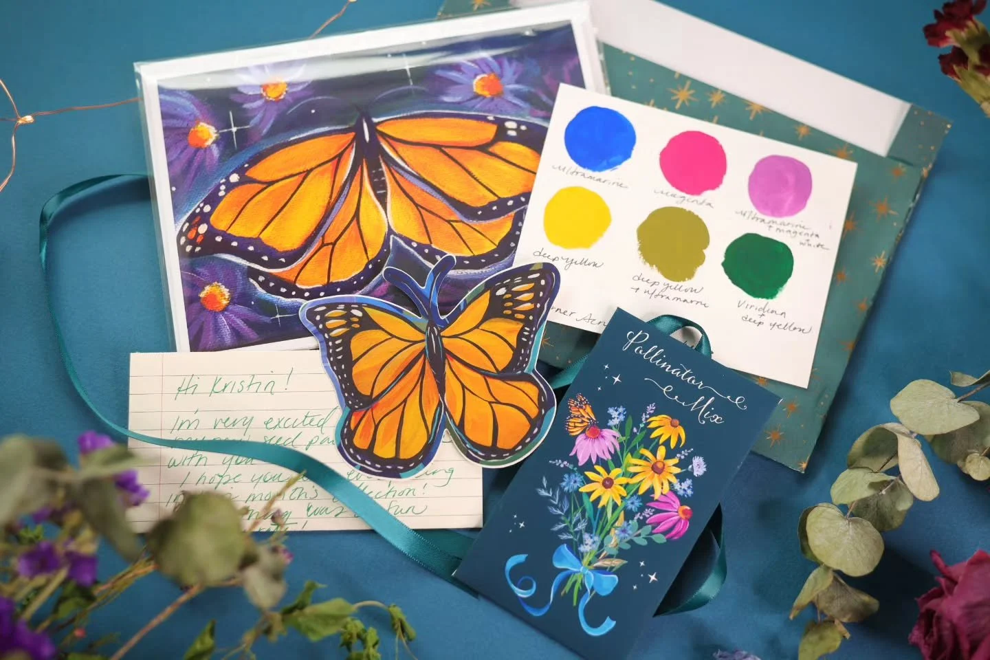 April's Greeting Card Club Goodies! Can't wait to see what May brings us😍✨️🌼
.
.
I have been really enjoying curating these super special Greeting Card Club goodies! Each month my members receive a fine art greeting card, a sticker, painted swatch 